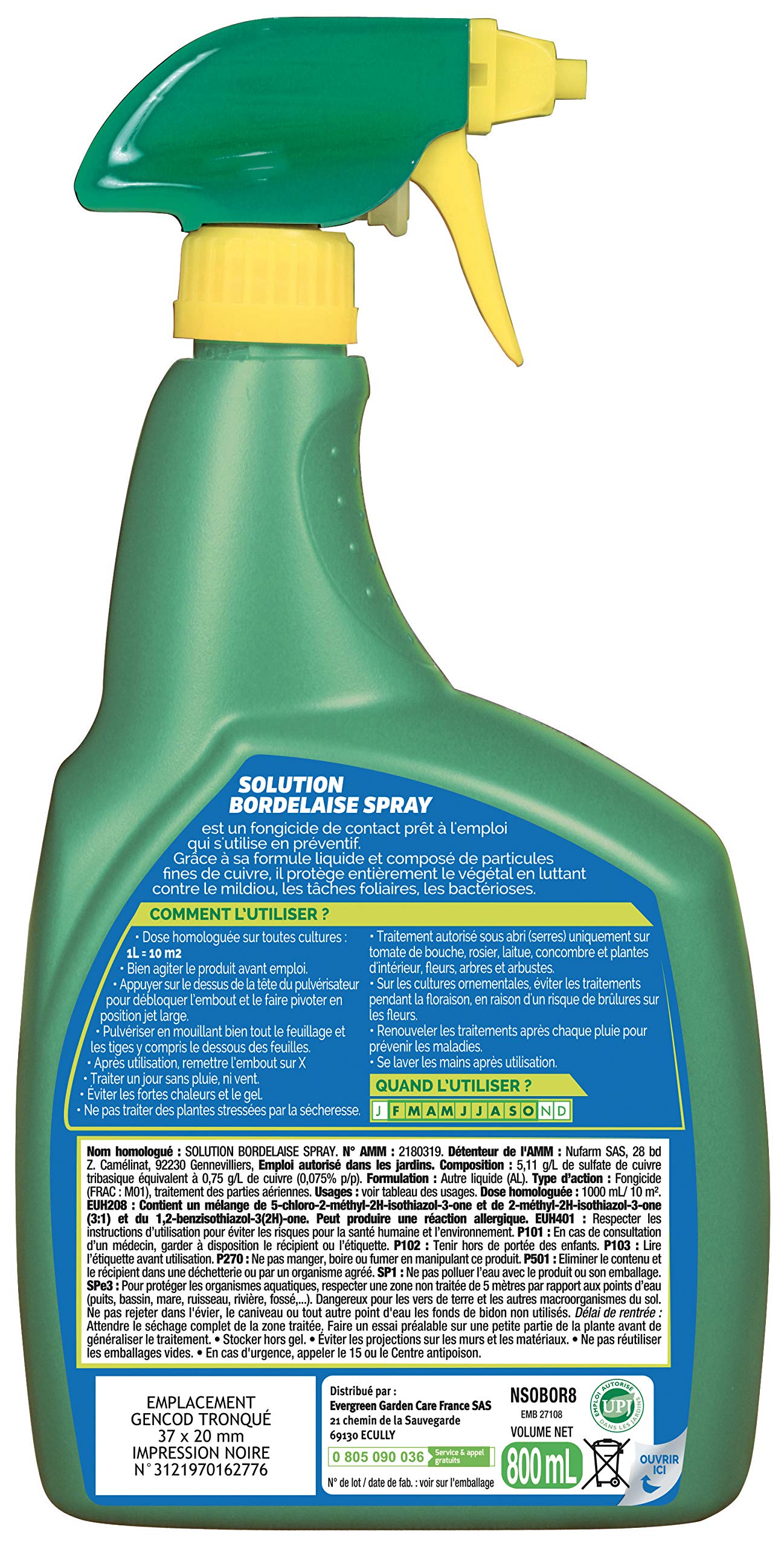 FERTILIGÈNE Solution Bordelaise Liquide 800ml – Fongicide Prêt à l'Emploi – Protection Mildiou & Bactérioses – Potager et Fruitiers – Agriculture Biologique