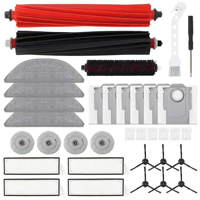 Akcesoria do Roborock S8 MaxV Ultra, 2 szczotki, 1 szczotka o dużej prędkości, 4 filtry HEPA, 4 + 4 mopy, 6 worków na kurz, 6 szczotek bocznych, 6 tabletek cytrynowych, śrubokręt, szczotka do