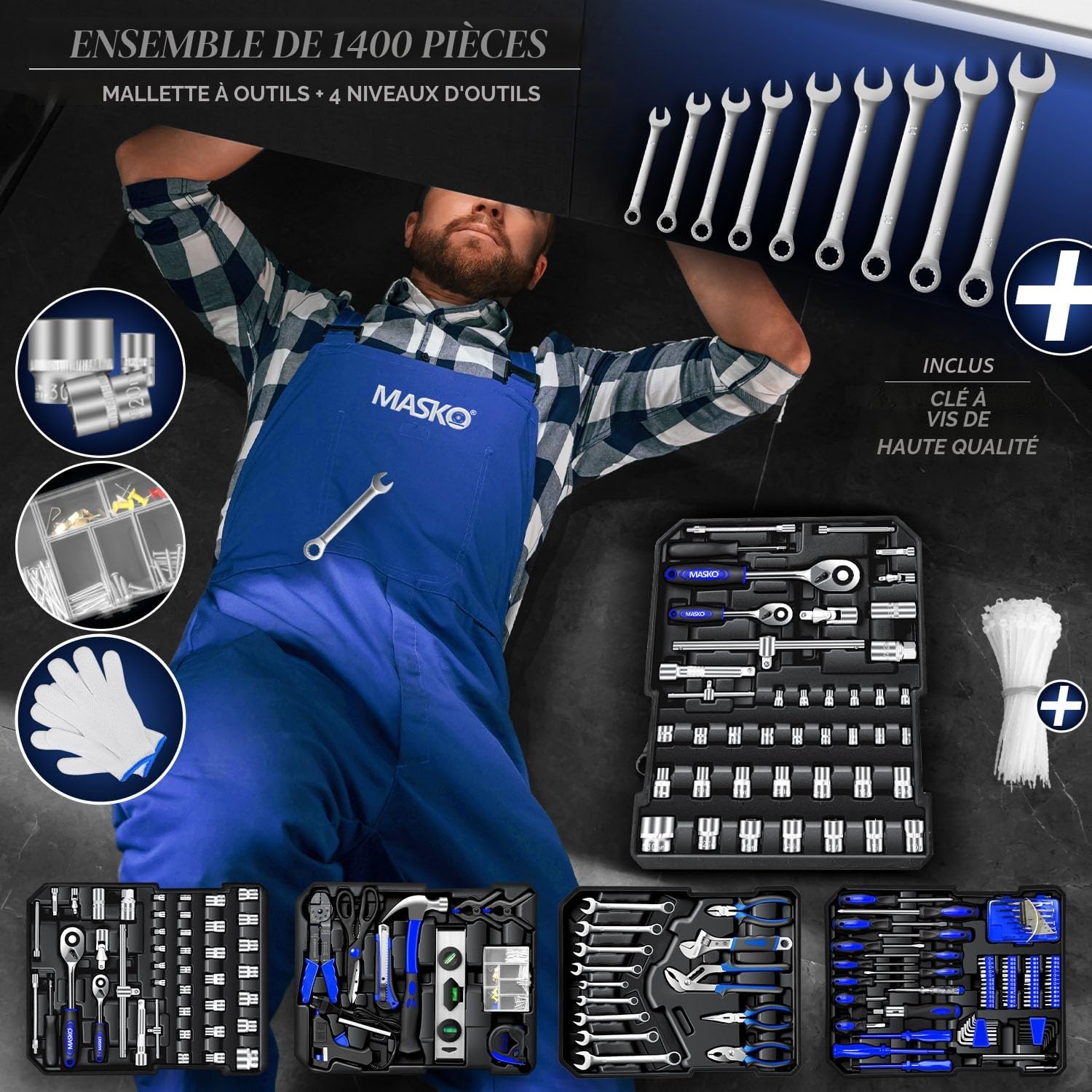 MASKO® Mallette à outils remplie de 1400 pièces | Kit d'outils dans une mallette en aluminium | Boîte à outils avec roulettes | Boîte à outils pour la maison, les loisirs, la voiture | Fonction