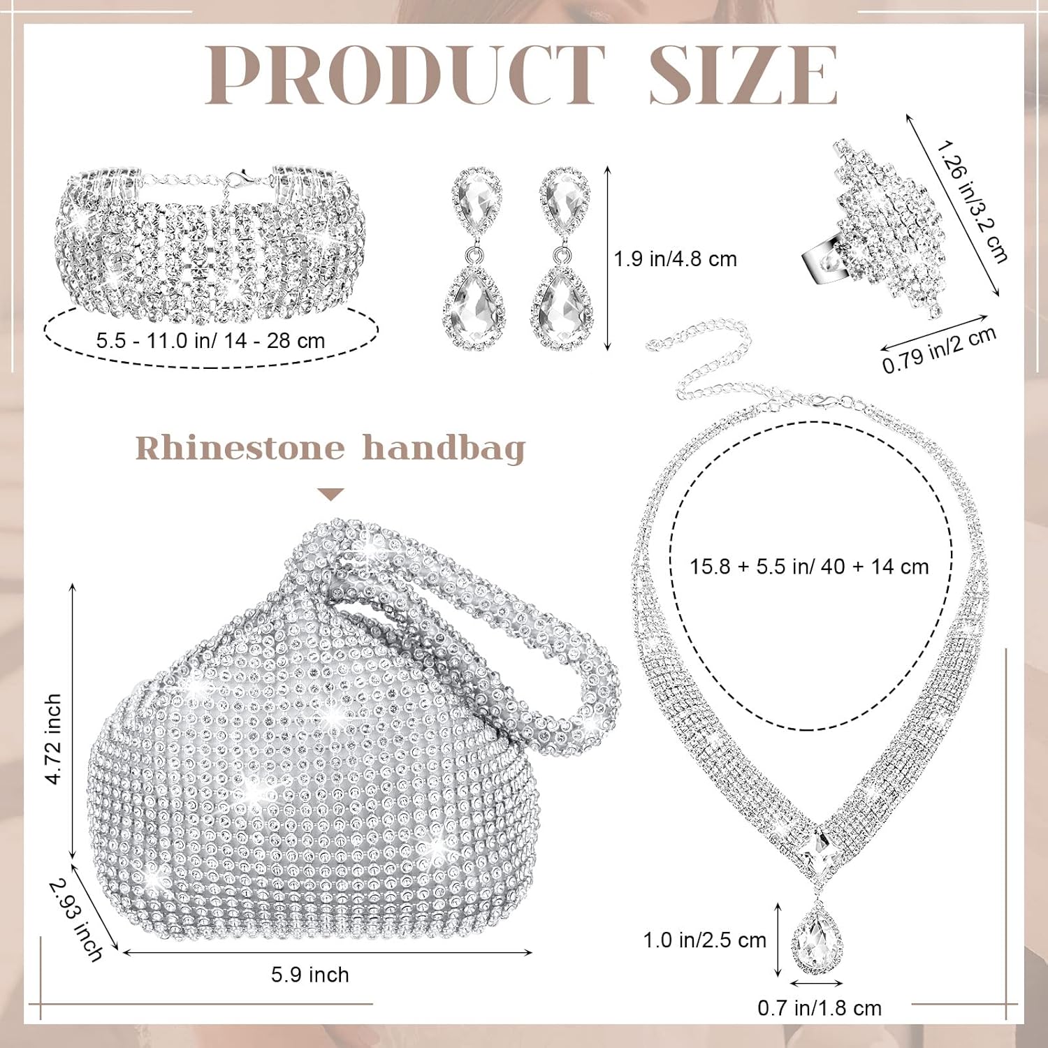 5 Pcs Silver Clutch Purses for Women Evening Rhinestone Jewelry Set Bling Clutch Purse Bag Rhinestone Necklace Ring Bracelet Earring for Women Party Wedding Bride Jewelry (Triangle Style) - Image 5