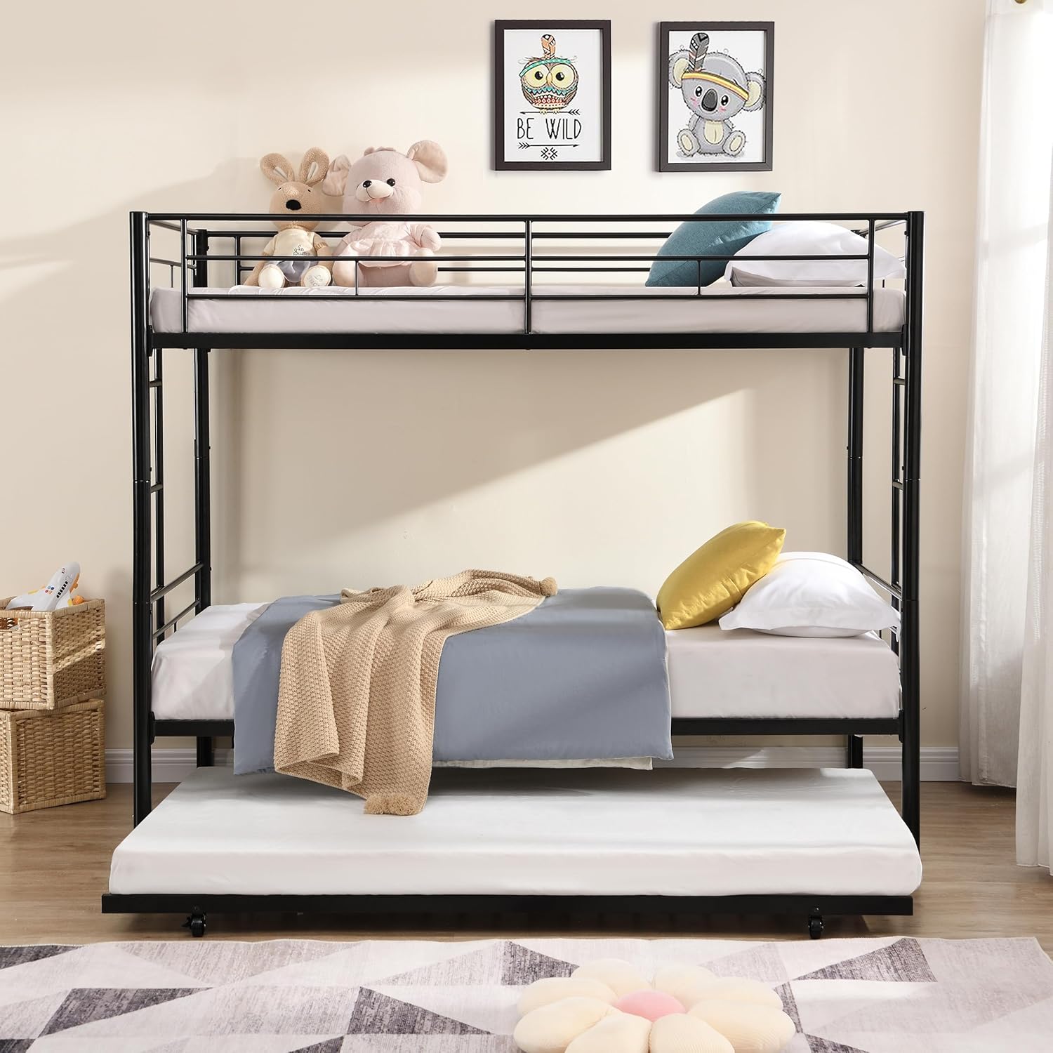 Twin Over Twin Bunk Bed with Trundle, Heavy Duty Metal Bed Frame with Guardrail and 2 Side Ladder, Modern Style Bunk Beds with Slats, Metal Triple Bedframe for Bedroom or Dormitory, Black