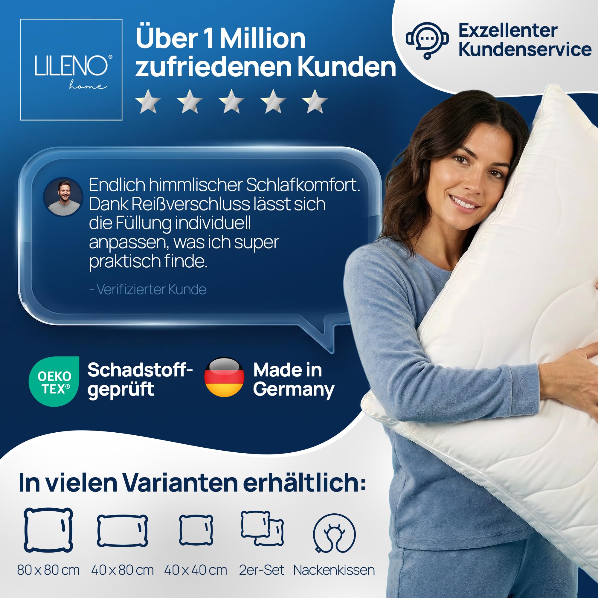 LILENO HOME Allergiker Kopfkissen 80x80 2er Set – 95°C waschbar, Oeko-Tex Made in DE – anpassbar Kissen 80x80