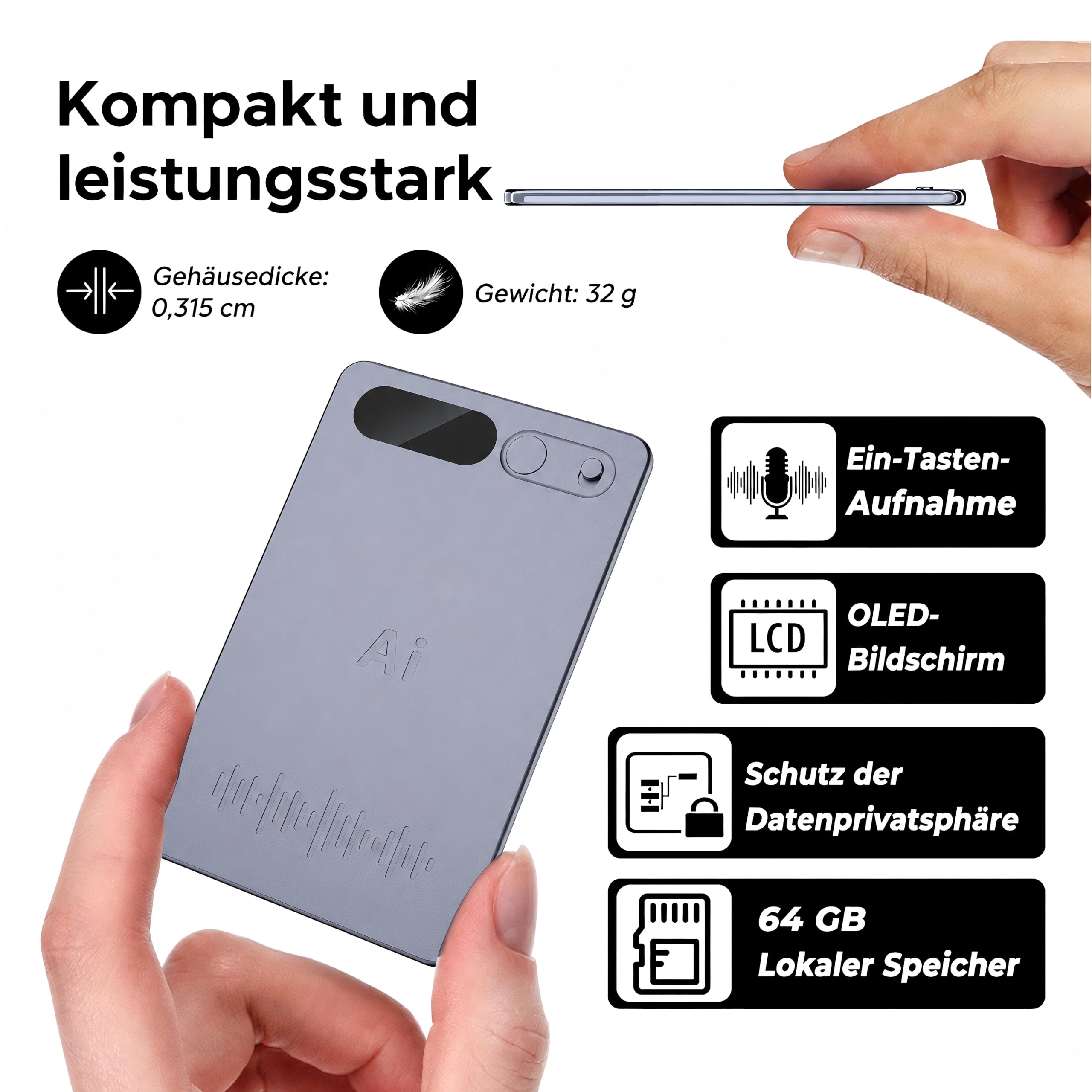 KI Diktiergerät, Diktiergerät Mini 64 GB, Schwarzes Gehäuse | Gestützte Transkription und Zusammenfassung, Unterstützung Mehrerer Sprachen, App Steuerung( 5.4*8.5*0.2)
