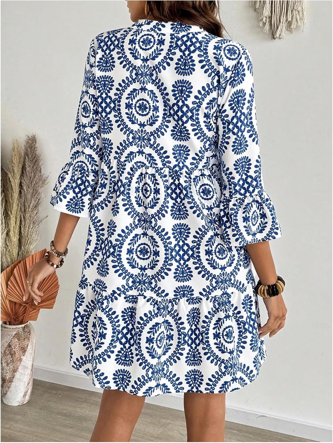 Floerns Women's Floral Tunic Dress 3/4 Ruffle Sleeve Notched Neck Vacation Smocked Boho Dresses - Image 3