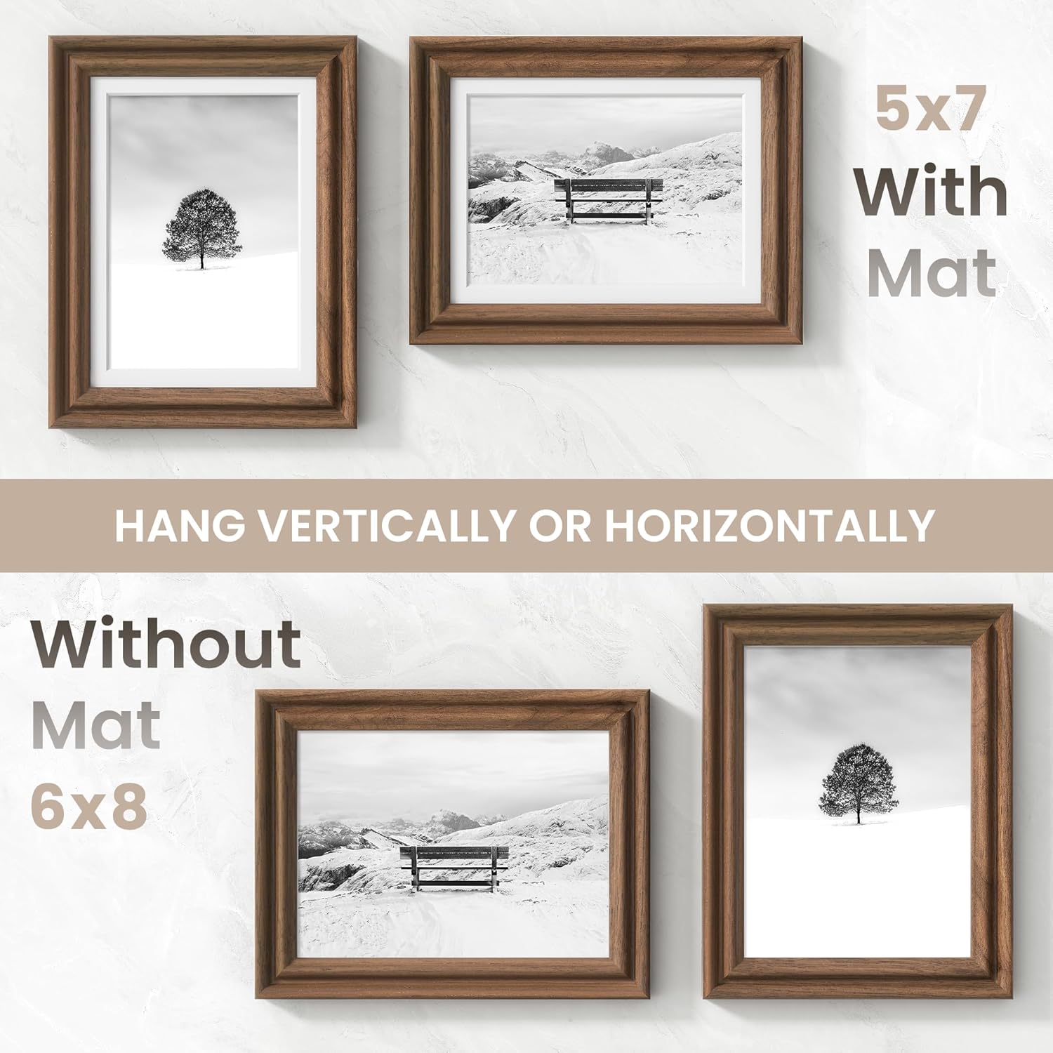 6x8 Picture Frame with Mat Adaptable Display Size for 5x7, Natural Black Walnut Wood Frame, HD Tempered Glass, Mortise and Tenon Nail Free Joint, Table-top or Wall Display, Horizontally & Vertically