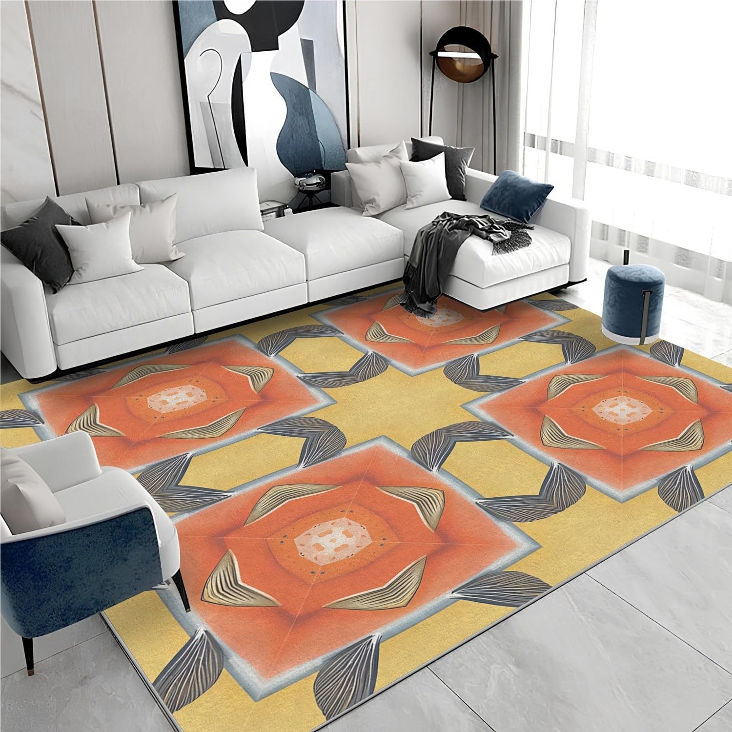 Multi Rug - Boho Vintage 8x10 Rugs for Living Room Bedroom Low Pile Indoor Washable Blue/Multi Door Mat Non-Slip Soft Floor Carpet Bohemian Flair Throw Indoor for Boys Girls A45