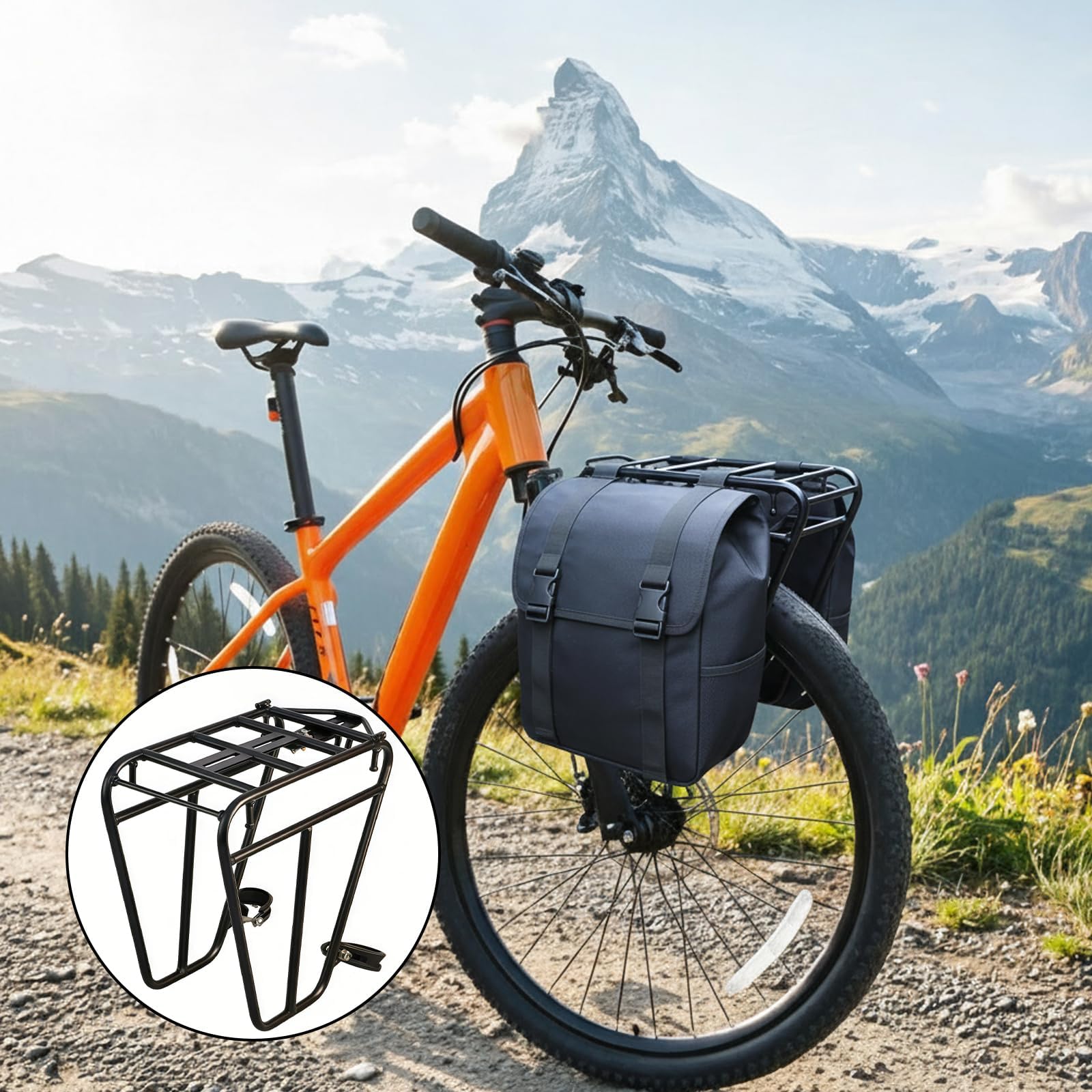 Fahrrad Gepäckträger, Vorderrad-Frontträger aus Stahl, mit effektiver Schockdämpfung,speziell geeignet für MTB-Federgabeln mit Montageloch an der Gabelbrücke, perfekt für Straßen- und Offroad-Fahrten.