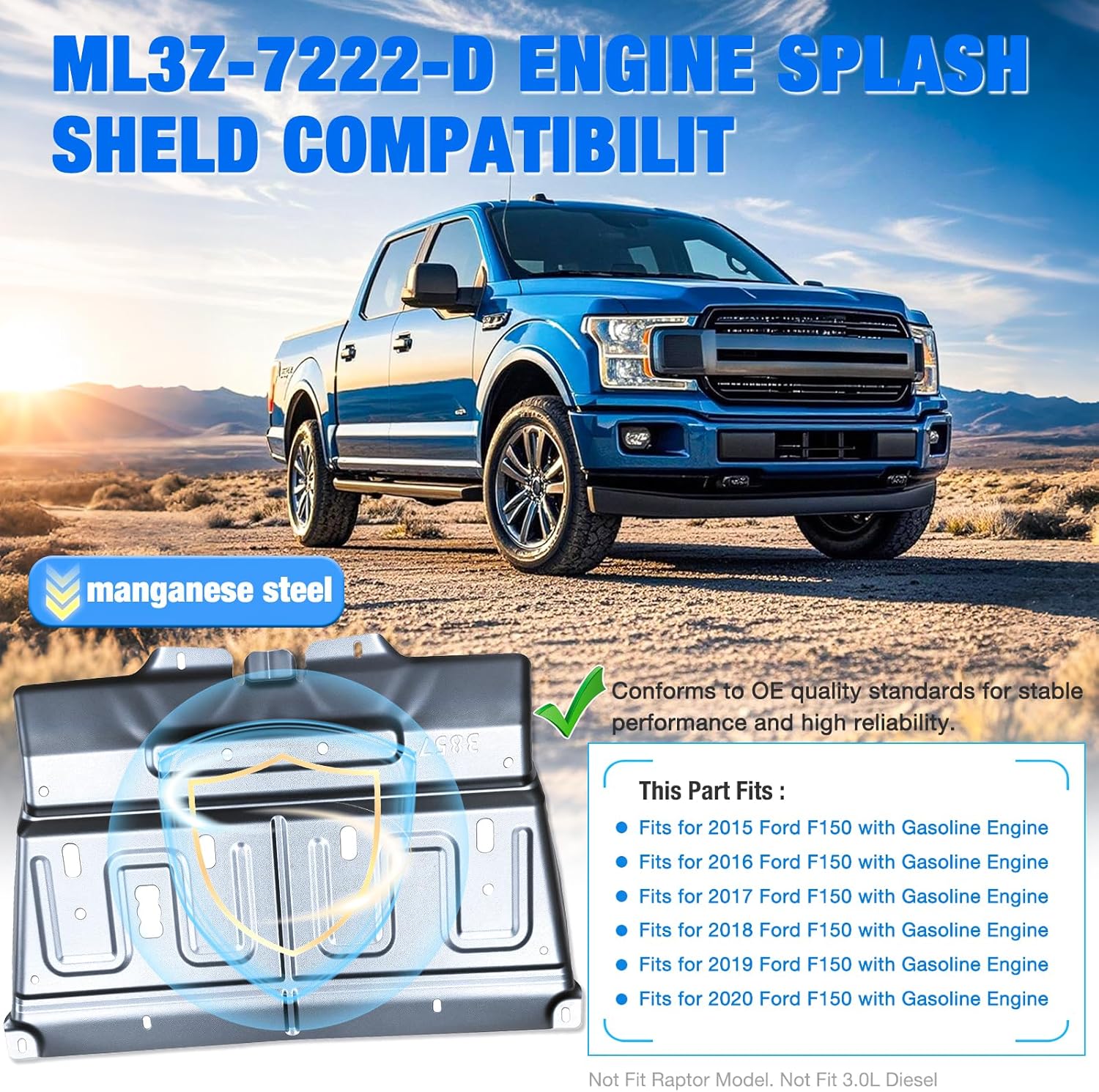 upgrade manganese steel splash panel shield under diaper fit for ford f150 2015-2020, exhaust underbody guard, not fit raptor model or 3.0l diesel, replaces ml3z-7222-d