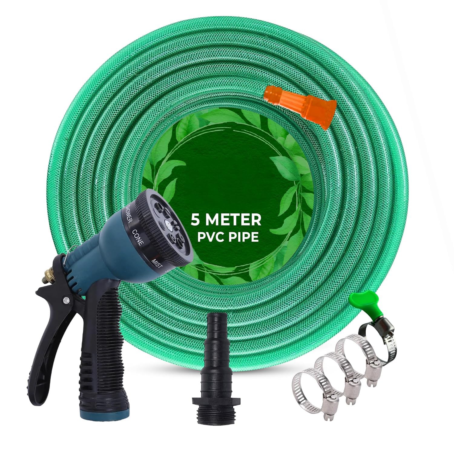 Amazon Basics 5M, 0.5 Inch Braided PVC Garden Hose Pipe with 8 Pattern Spray Gun with 4 Clamps and tap Adaptor - Green | Heavy Duty Water Pipe for Garden, Car Washing, Garden Pipe for Home-image-42