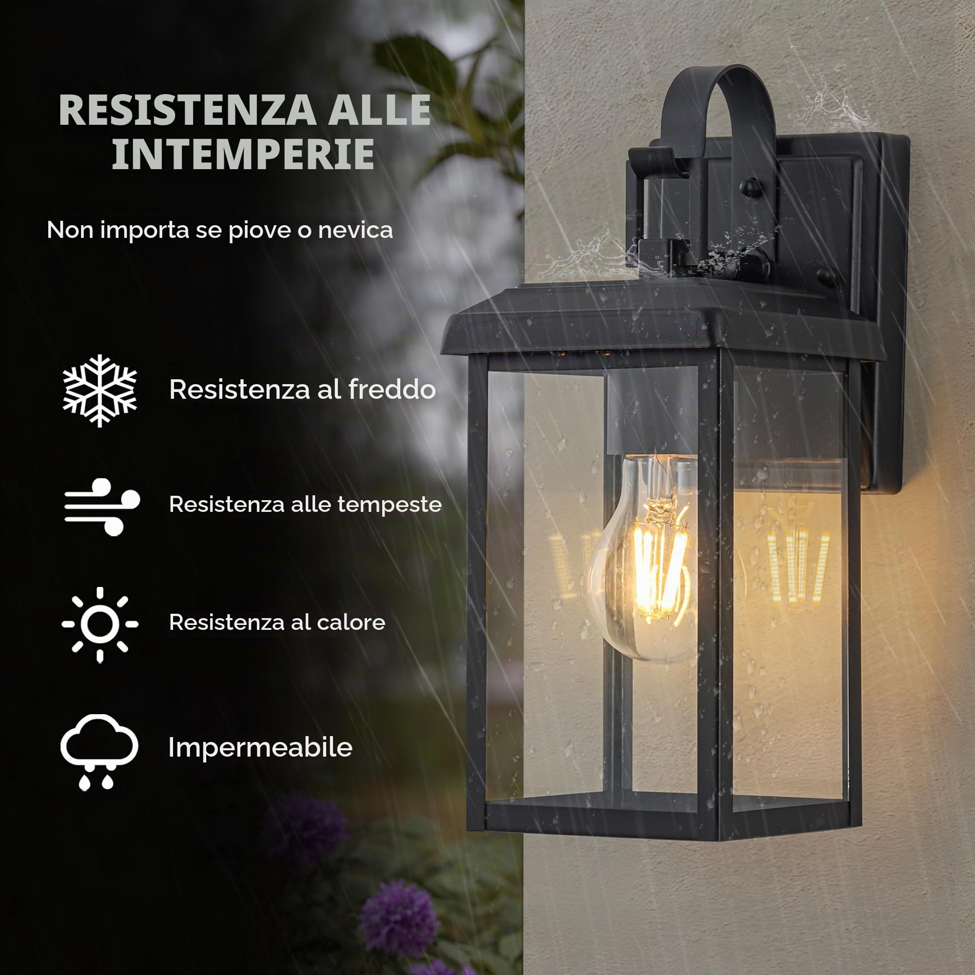 FTL Applique Lanterna da Esterno, Moderno Lampade da Esterno Parete, E27 Max 60W Luci da Parete in Vetro, Nero Lampada da Giardino, IP44 Impermeabile Luci Esterne a Parete per Giardino Porta Anteriore