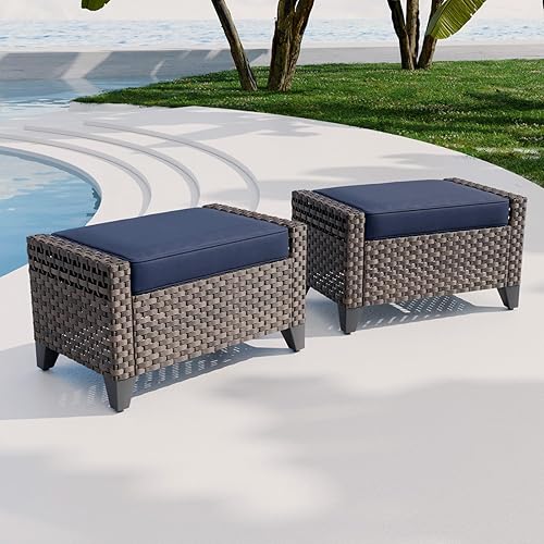 COOS BAY Modern 2 Piece Wicker Outdoor Ottomans, 2pc Patio