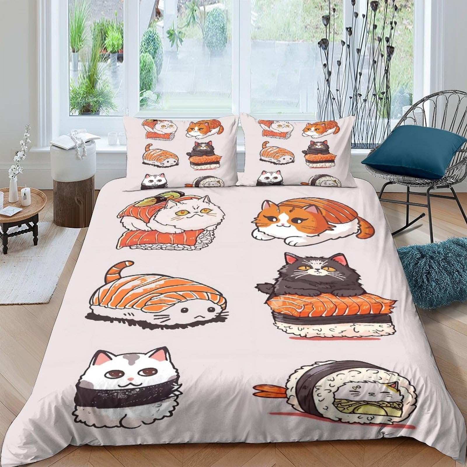 UNRXJZLVM Sushi Cat Print Duvet Set Microfiber Gift For Teens Room