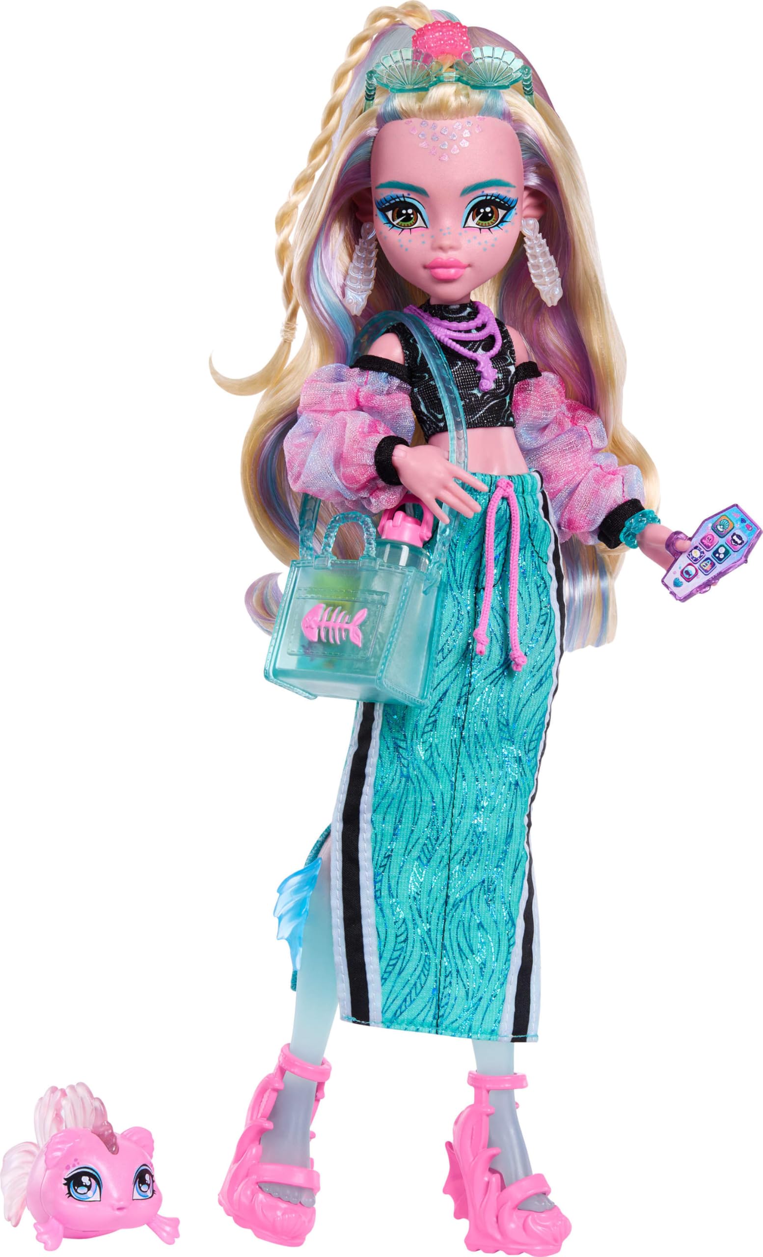 Monster High Doll, Lagoona Blue in Crop Top and Sporty Maxi Skirt with Pet Fish Neptuna and 7 Accessories Like Shell Sunglasses, Snack and Purse