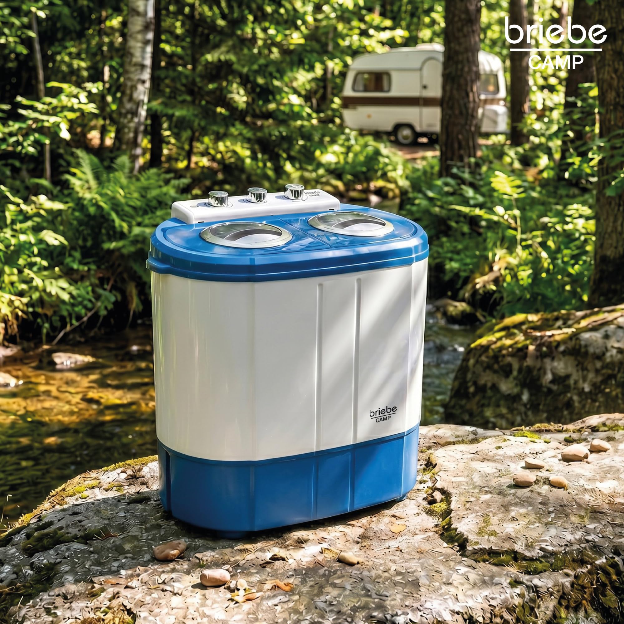 briebe Camp - Mini Lavatrice Portatile con Centrifuga, Campeggio, Capacità 3 kg, Ideale per Viaggi, Roulotte, Camper, 2 Scomparti, Caricamento dall'alto, Nessuna installazione, Blu/Bianco