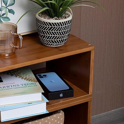 Miniatura 8 de Forevich Juego de 2 mesas auxiliares de bambú para dormitorio, sala de estar, mesas auxiliares apilables con estante de almacenamiento abierto para