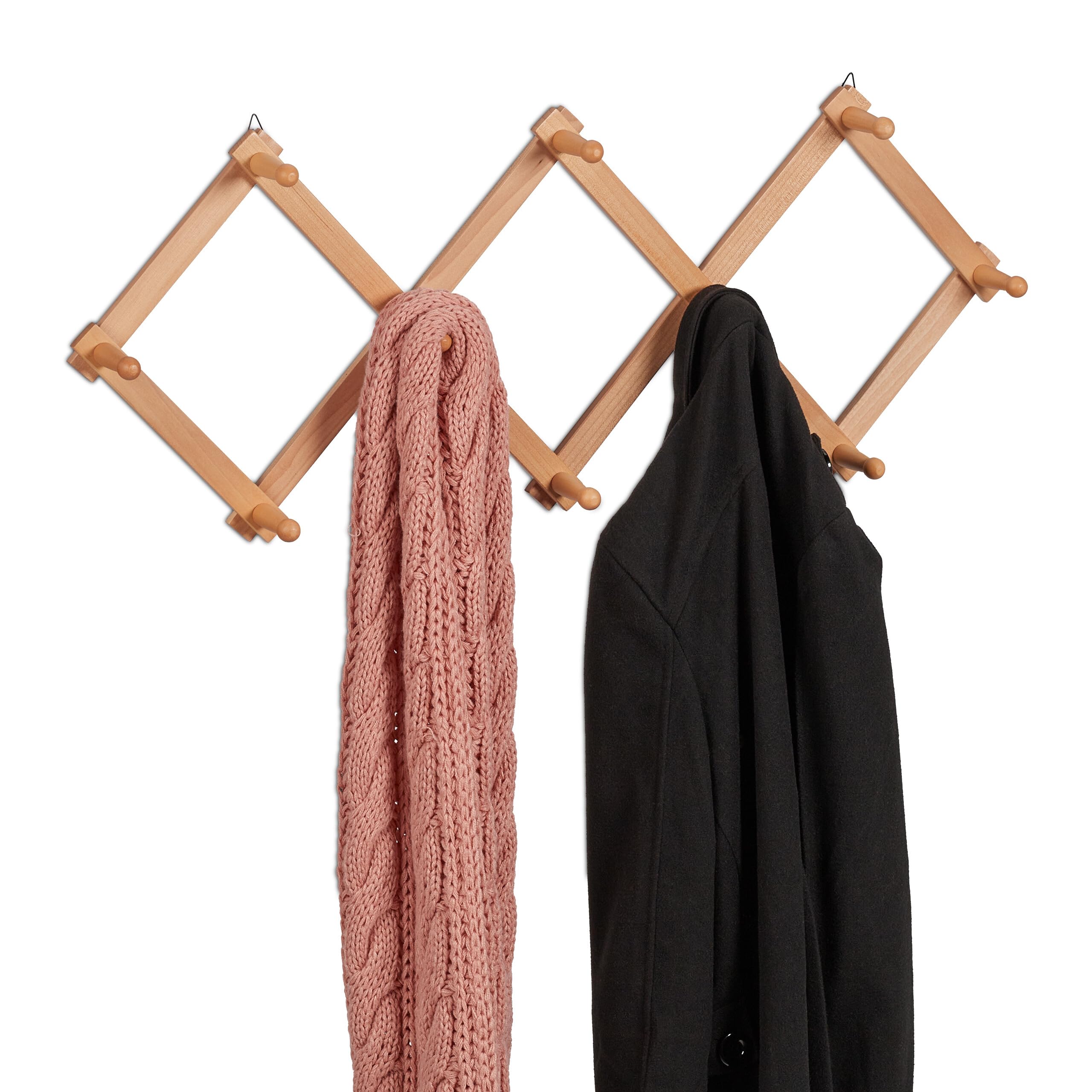 Relaxdays Attaccapanni da Parete, Appendiabiti Allungabile con 10 Ganci, Guardaroba Appendino Ingresso, Legno, Naturale