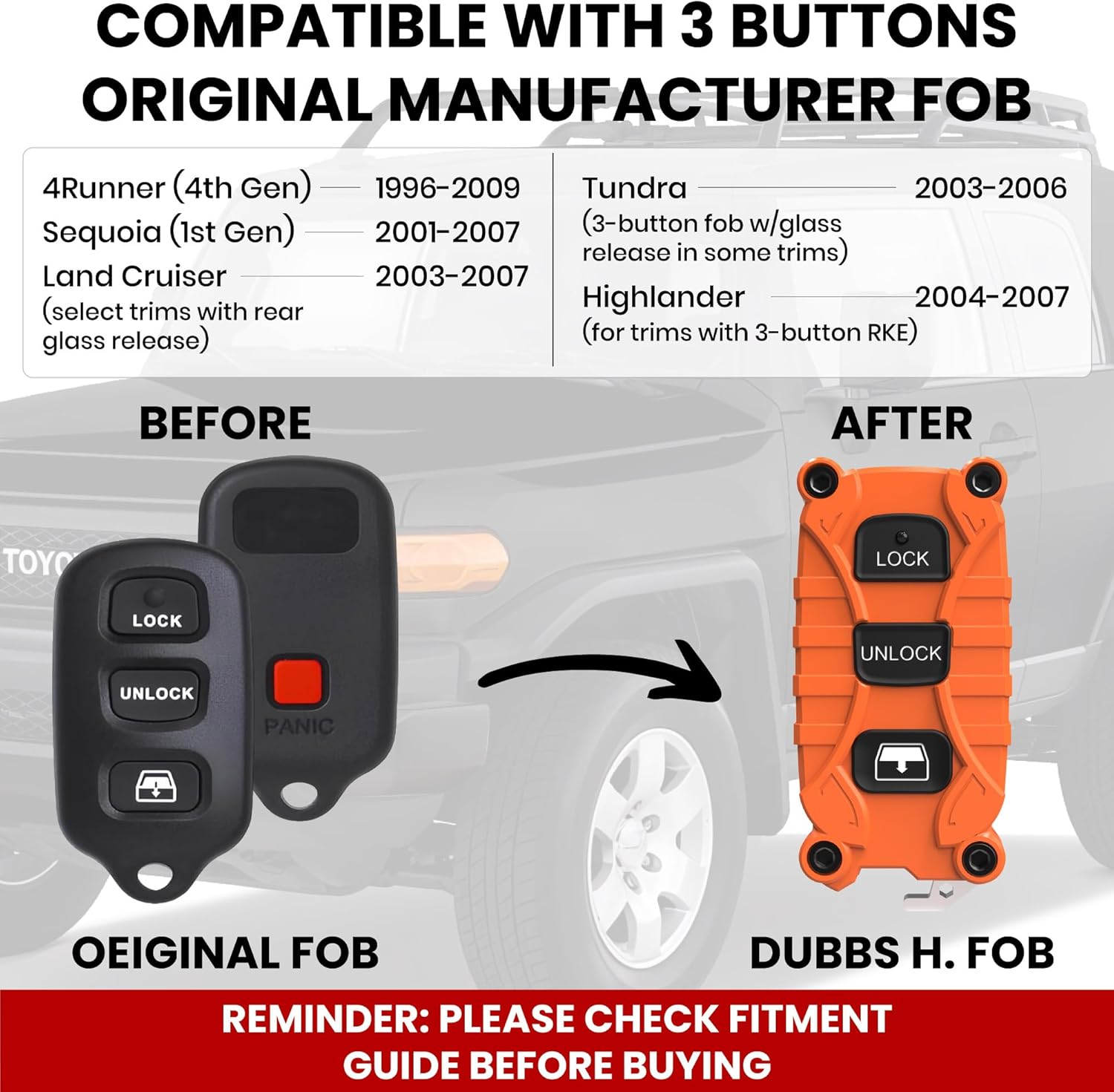 Toyota 4Runner 1996-2009 Key Fob - Heavy Duty 3 Button - Also fits Highlander 2004-2007. Lock Unlock Panic - Housing Case with Bottle Opener -No Electronics Included - (Blaze Orange, 3 Button)