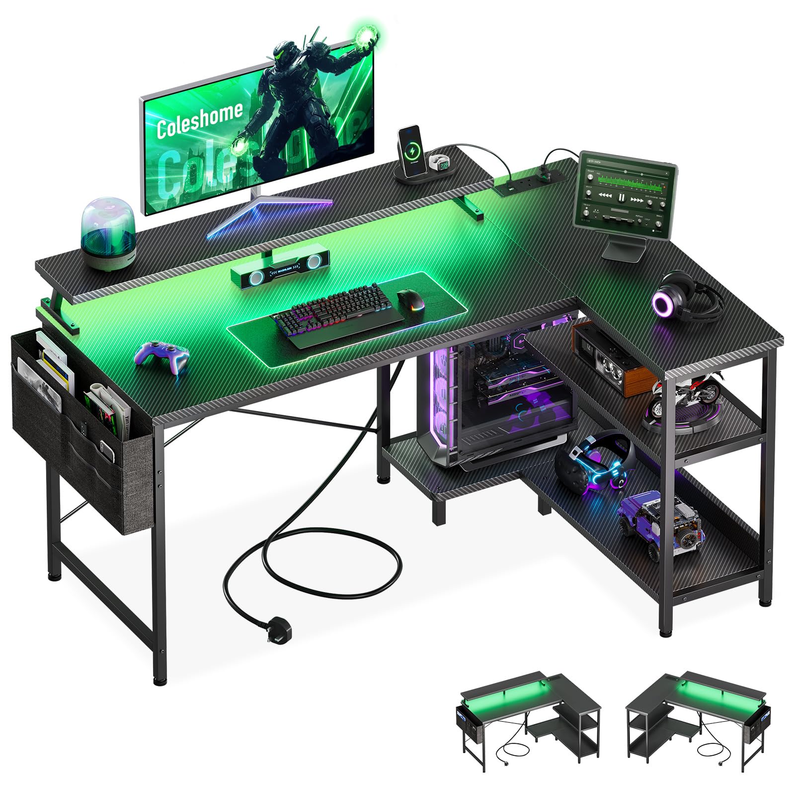 Coleshome L Shaped Gaming Desk with LED Lights, 120 × 80 cm Computer Desk with Power Outlet, Reversible Corner Gaming Table with Storage Shelves & Monitor Stand, Carbon Fiber Black
