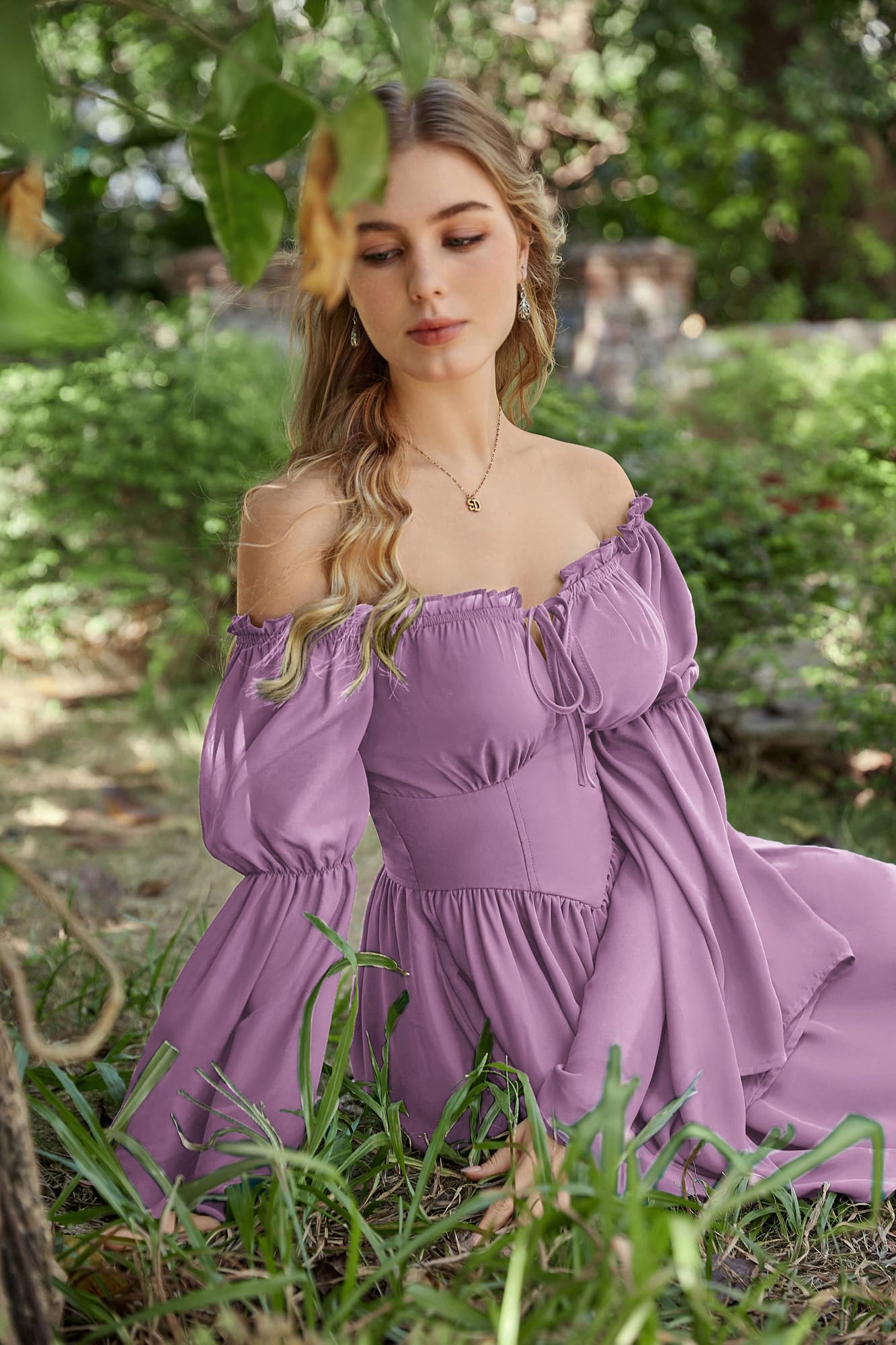 SCARLET DARKNESS Damen Renaissance Sommerkleid Schulterfrei Lace-up Korsett Kleid Chiffon Langarm Minikleid