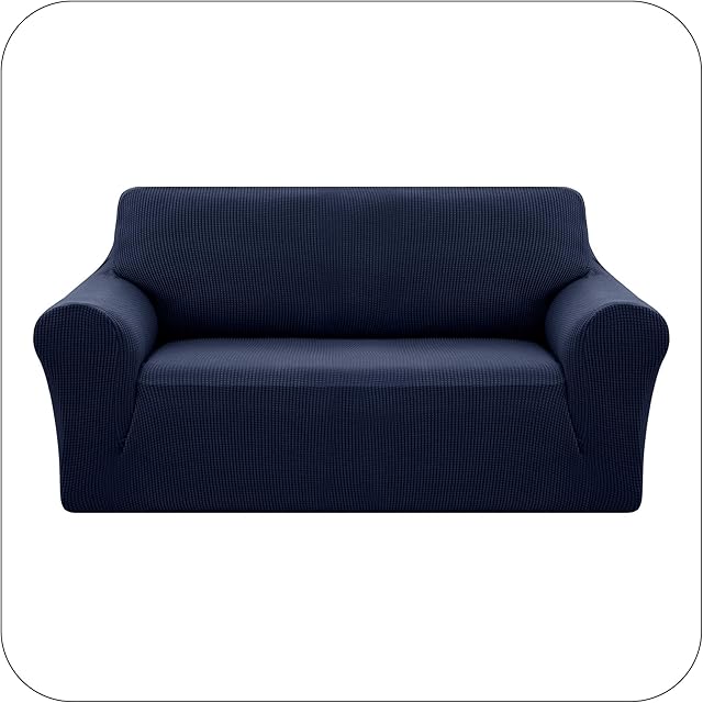 Amazon Brand - Umi Velvet 2 Seater Sofa Cover Stretch Slipcovers Small Checks Polyester Non-Slip Spandex Fabric Sofa Fabric Protector Couch Cover(Two Seater, Navy Blue)