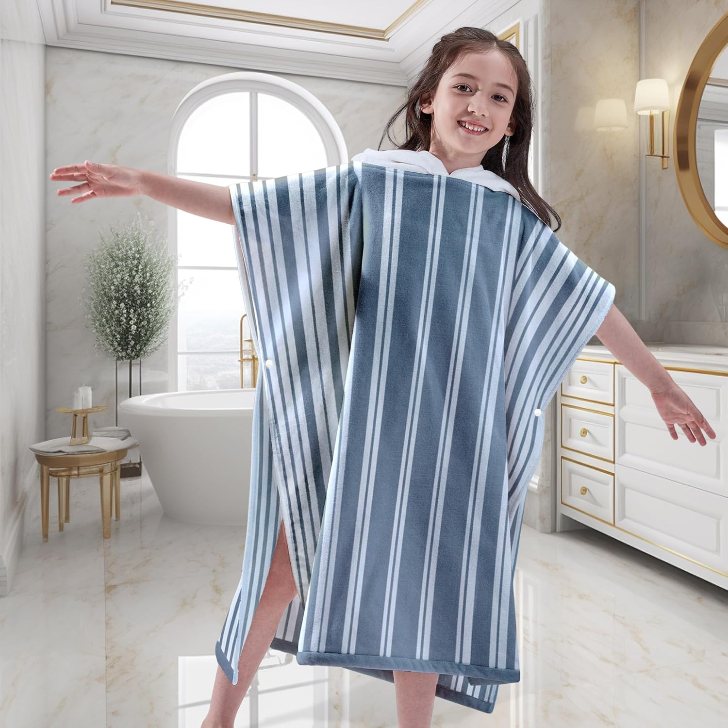 VOOVA & MOVAS Hooded Beach Towels for Boys| Girls | Teens (8-16Years), 100% Cotton Thick Poncho Towel Robe for Kids, Perfect for Pool, Beach, Bath and Gifts, Grey Cabana Stripe Design - Image 7