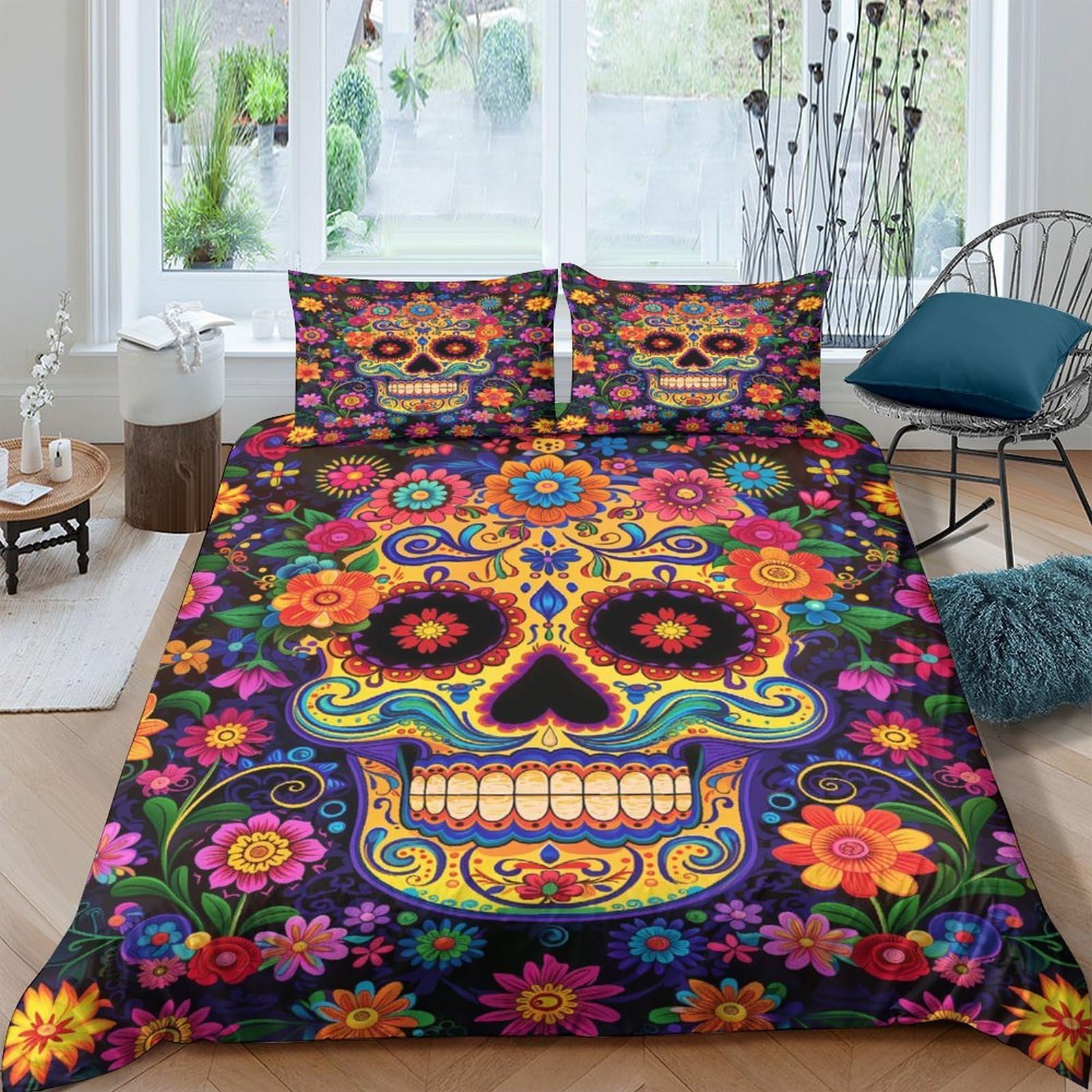 Ctjqhvkz Style-9 3D Printed Colorful Skull Fitted Sheet Microfiber Floral Mattress Cover For Bedroom Guest Room Dorm Protection Decor Single（135X200cm）
