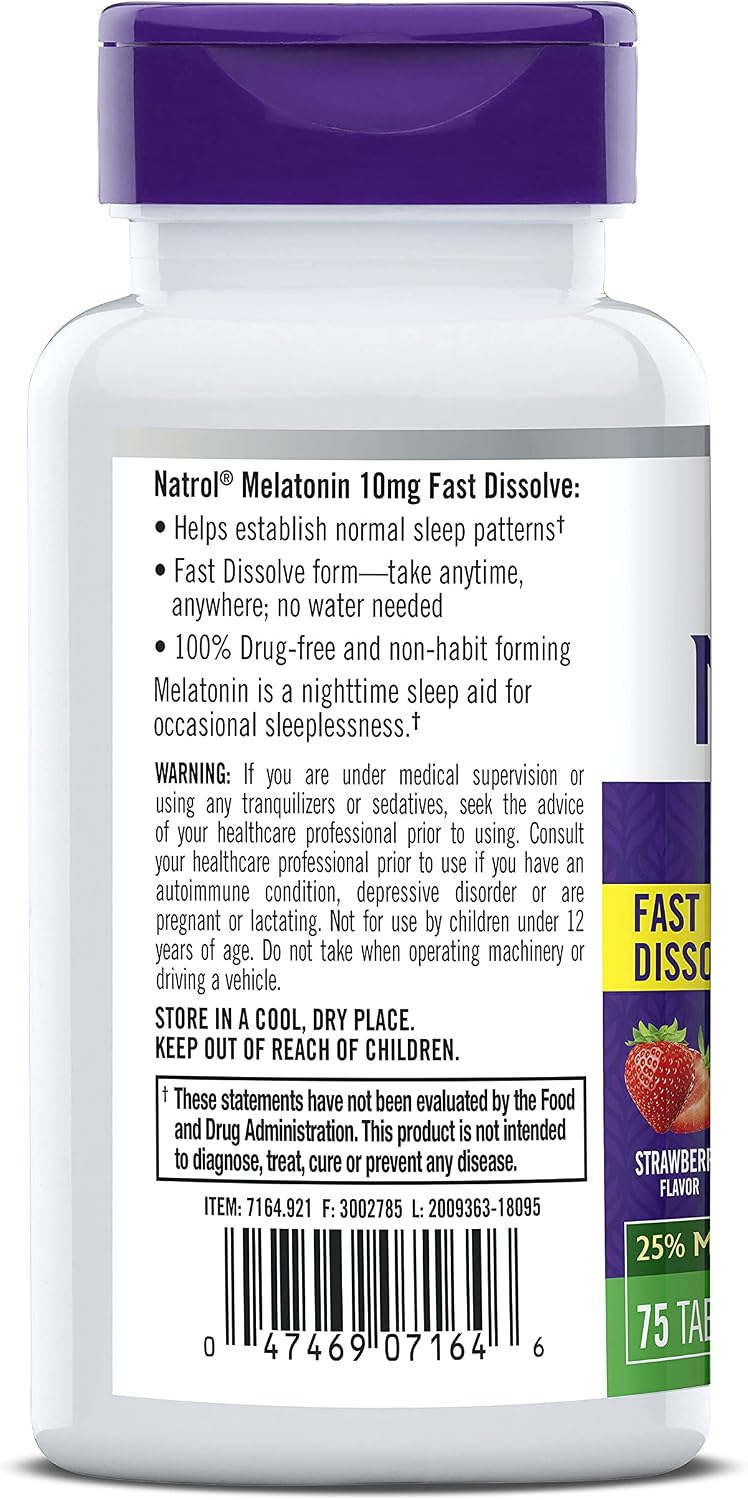 Natrol Melatonin Fast Dissolve Sleep Aid Tablets, Fall Asleep Faster, Stay Asleep Longer, Easy to take, Dissolves in Mouth, Drug Free