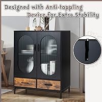 Vista 7 de LOKO Armario buffet con almacenamiento, armario de cocina con puertas y cajones de vidrio templado, armario de almacenamiento de credenza