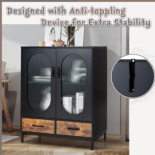 Miniatura 7 de LOKO Armario buffet con almacenamiento, armario de cocina con puertas y cajones de vidrio templado, armario de almacenamiento de credenza, estilo