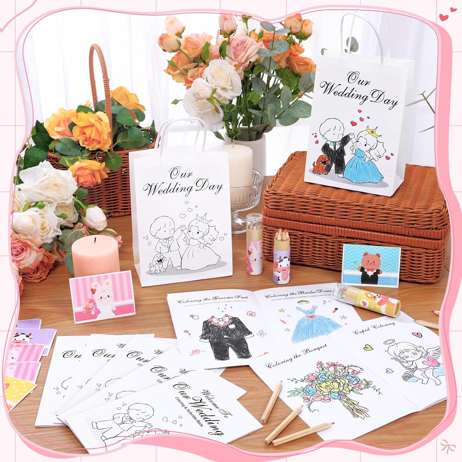 GeeSound 80 Pcs Wedding Coloring Activities Books for Kids: 20 Set Wedding Games Favors Including Colored Pencils Sharpener Wedding Activities Book Goodie Bags Sticker for Children Party Supplies