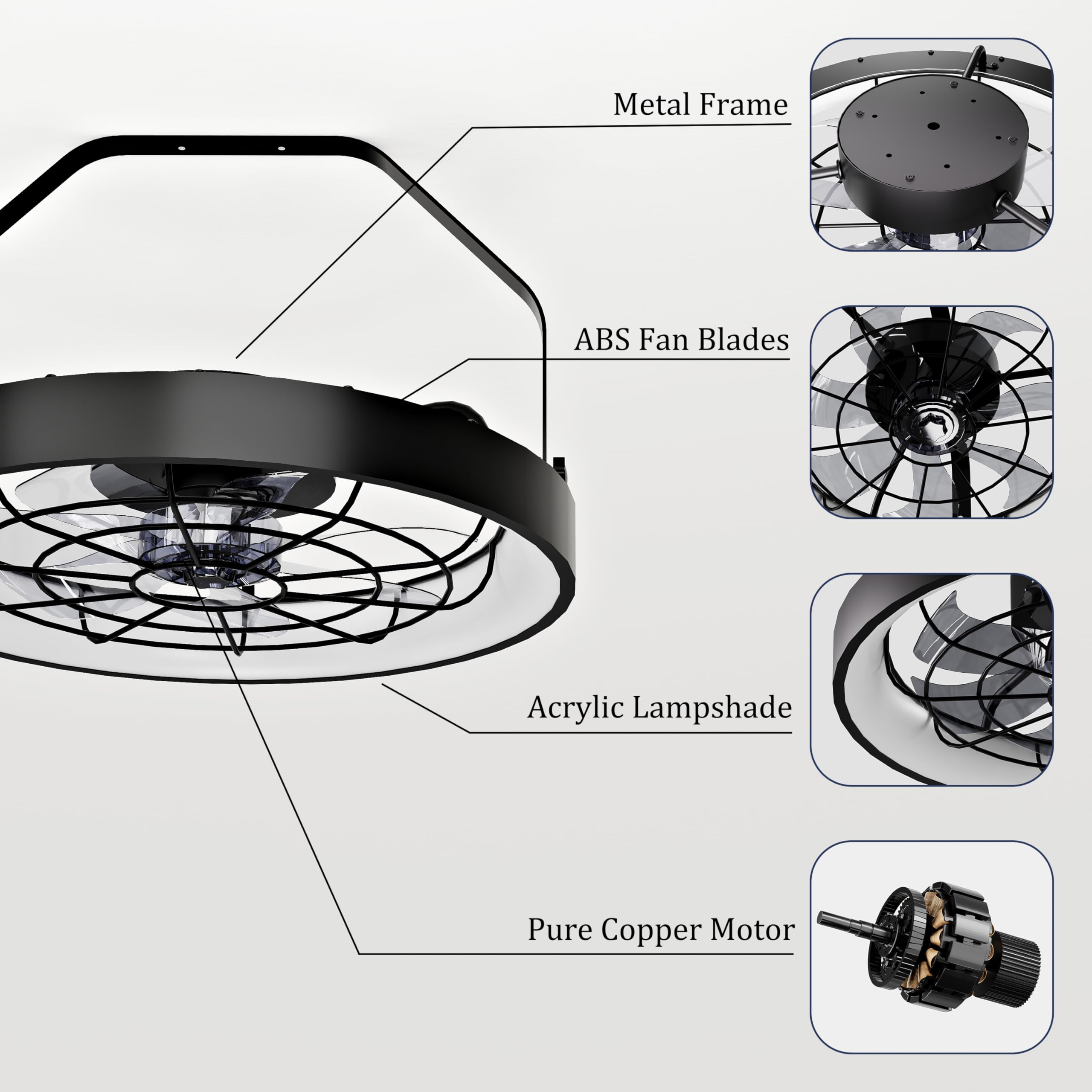 Ventilador de montaje en pared de 20 pulgadas con luz, ventilador de techo de alta velocidad de 5000 CFM de 6 velocidades, ventilador de exterior de inclinación ajustable con luz LED 8