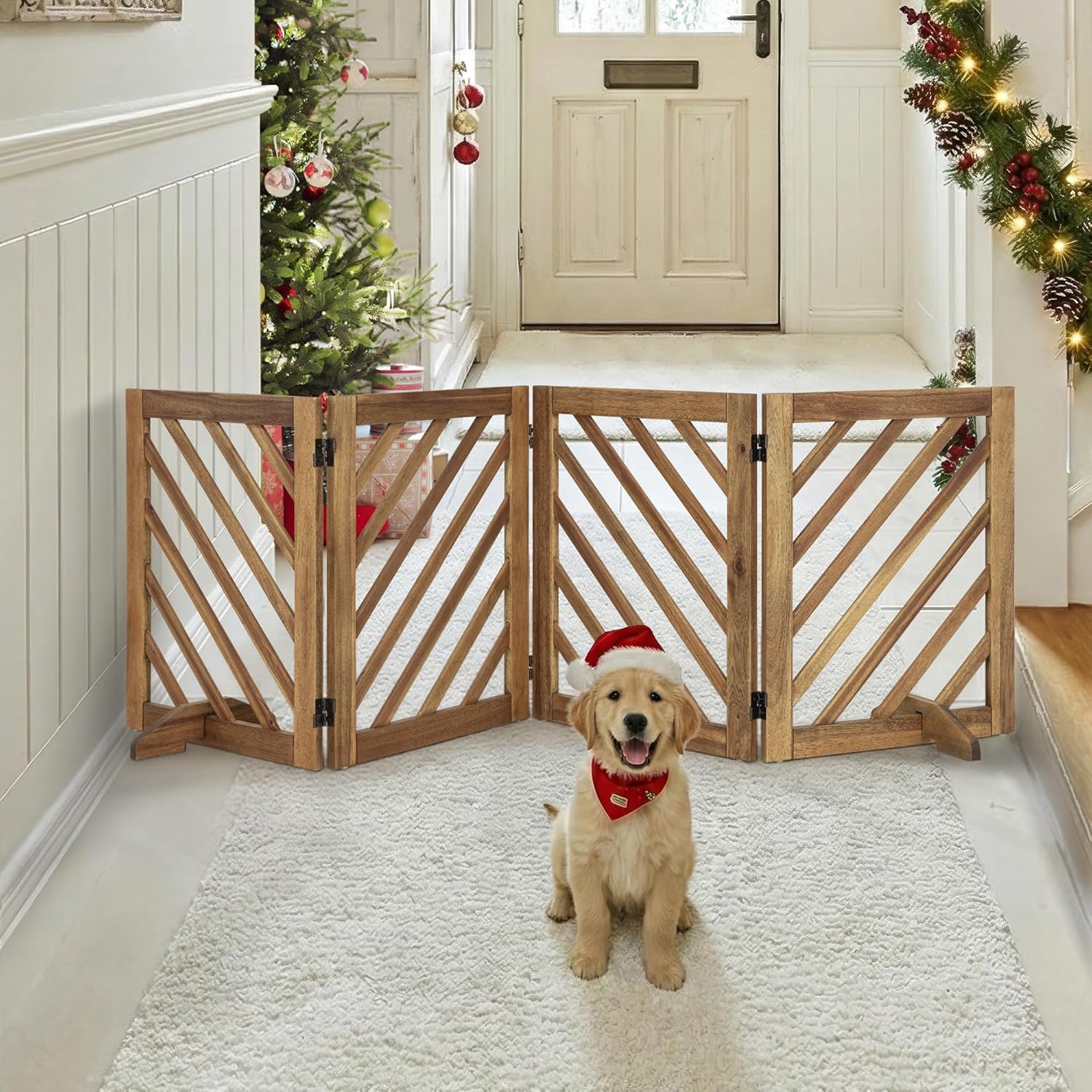 dcee solid acacia wood dog gate, expanded wide 81 inches, freestanding dog gate indoor, foldable 4 panels with 2 support legs, ideal for doorway, kitchen, hall, stairs, pet securety, ebony color ebony rectangle design