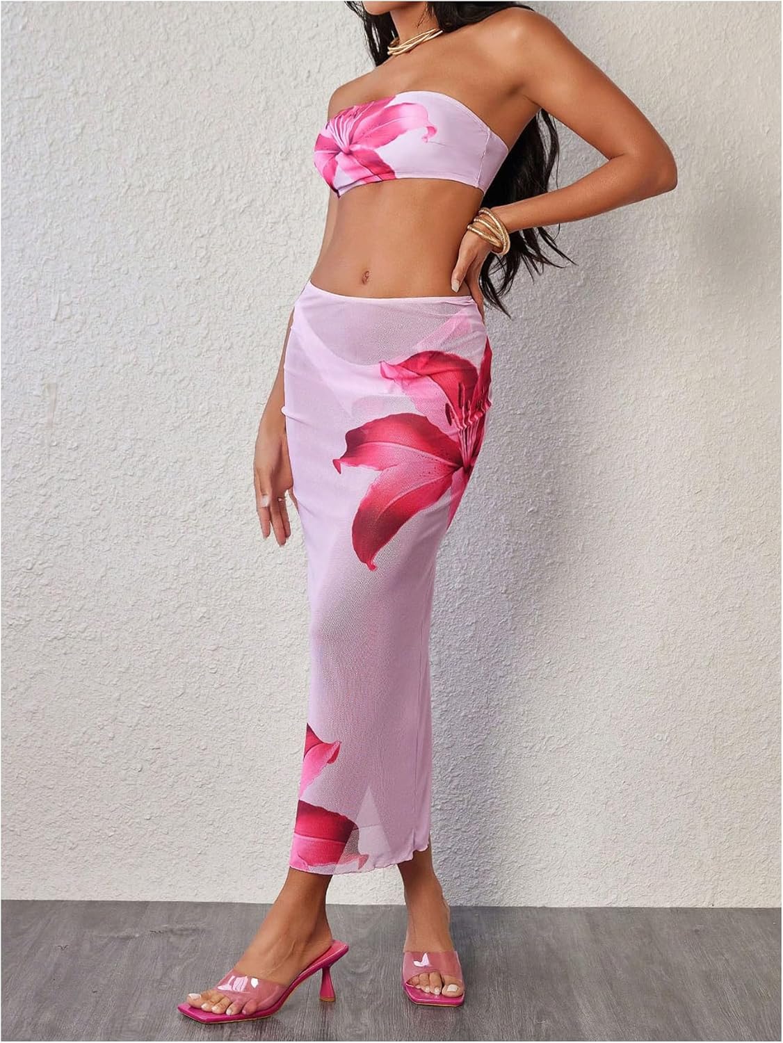 MakeMeChic Women's Bikini Sets Floral Print Bandeau Swimsuit with Mesh Sheer Beach Skirt - Image 5