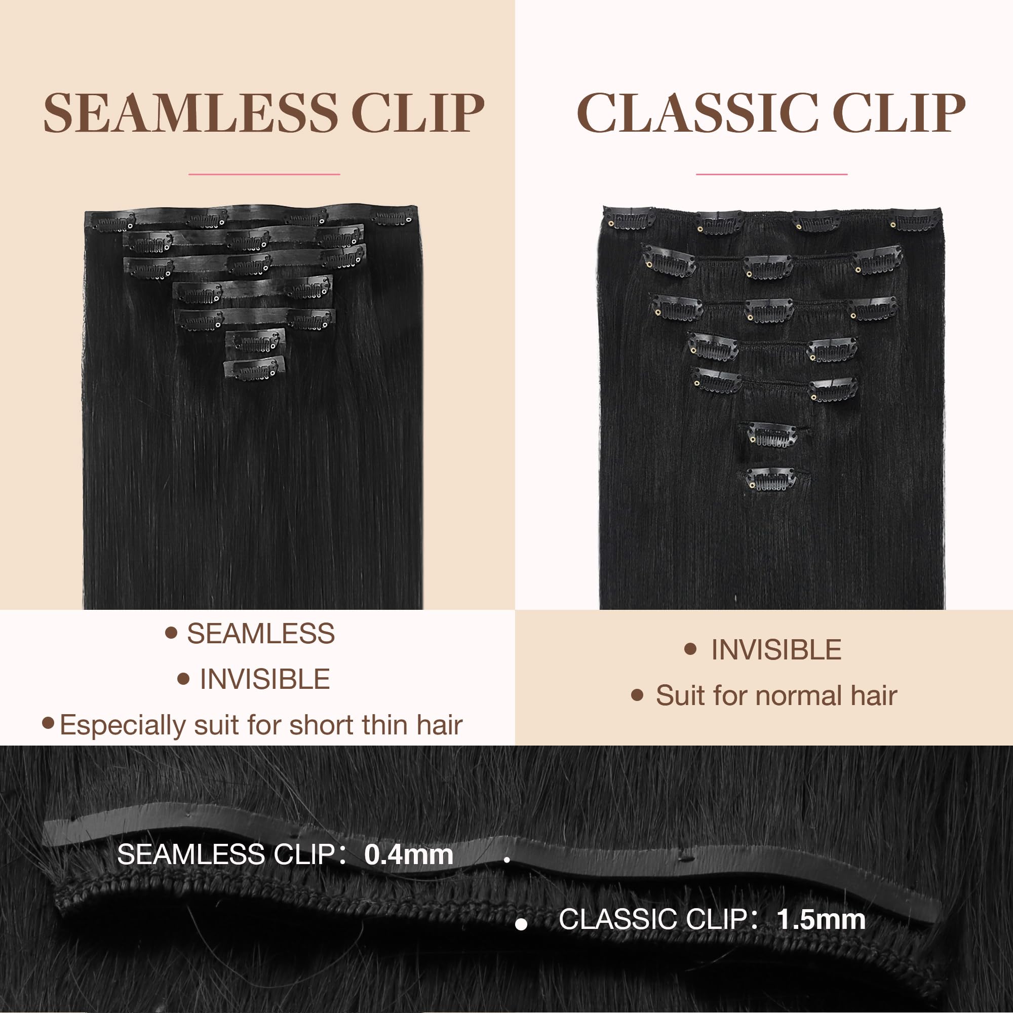 GOO GOO Seamless Clip in Human Hair Extensions, 20inch 110g 7pcs, Hair Extensions Clip in, 1B Black, #1B Black, 20 Inch-110g-7pcs - Image 4