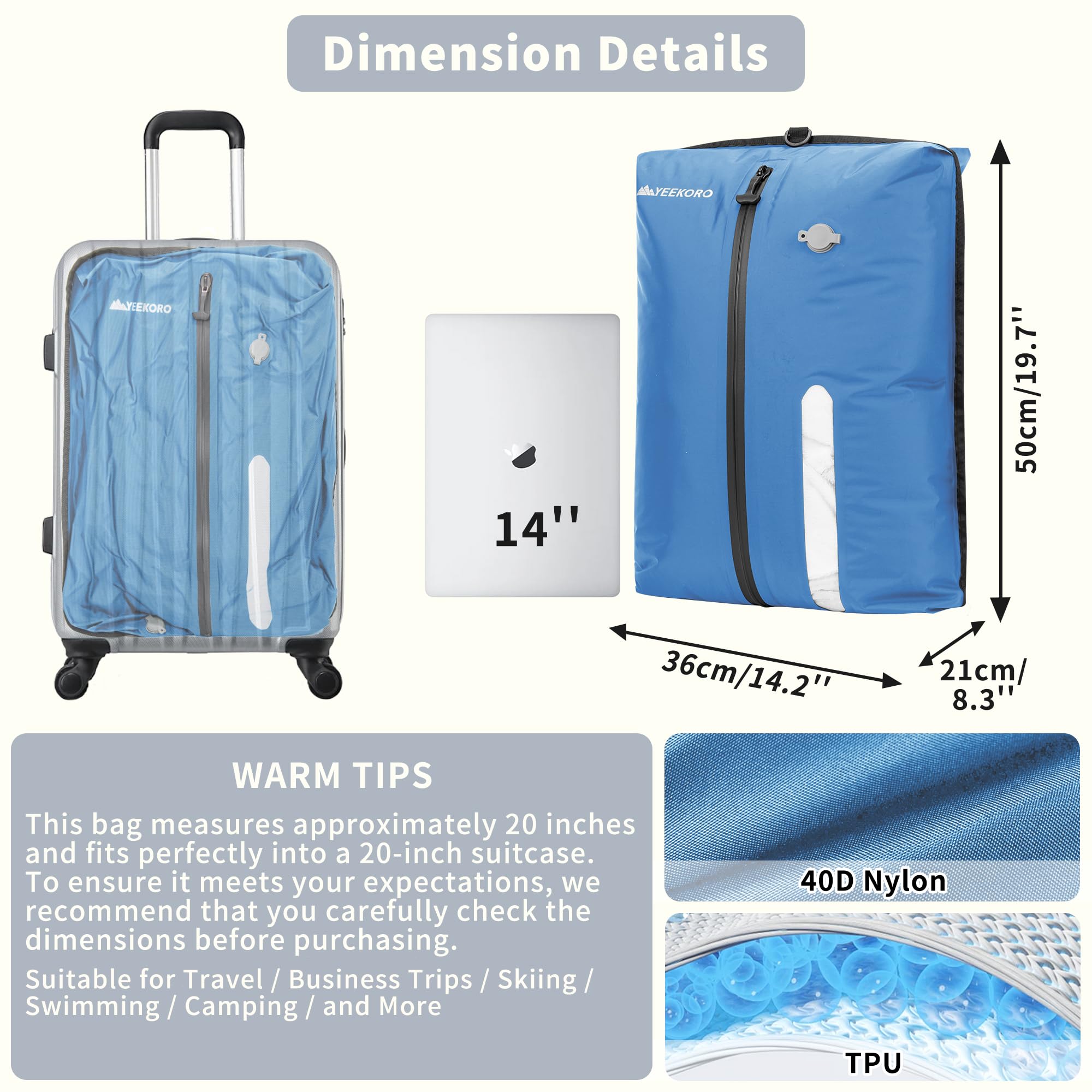 Vakuumbeutel für Reisen, professionelle IPX8 wasserdichte wiederverwendbare Vakuum-Kompressionsbeutel für Reisekoffer, langlebig, platzsparende Tasche (2 Stück, mit Pumpe)