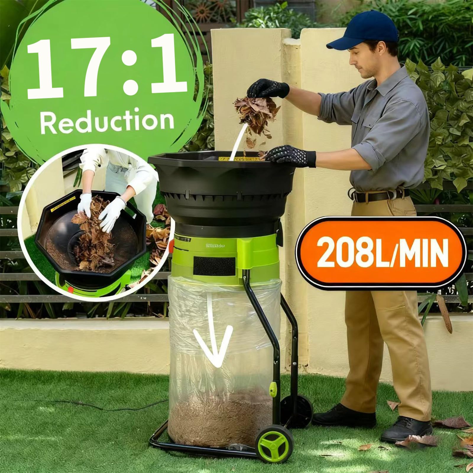 Trituradora de Hojas eléctrica de 2500 W Corte sin Cuchillas Ruedas de Embudo de 54 cm y Bolsa de Almacenamiento para Madera y residuos de jardín. 60mpowercord