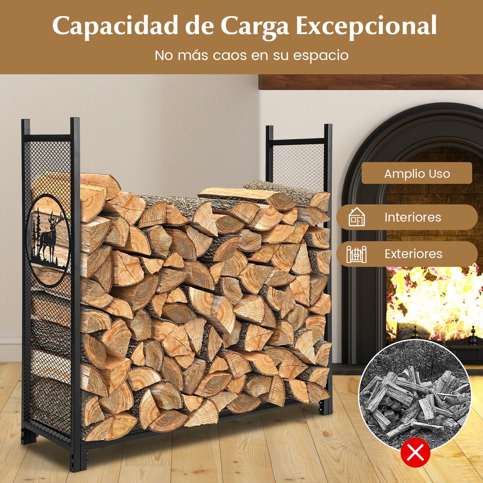 COSTWAY Leñero Exterior/Interior, 121 x 38 x 117 cm, Estante de Leña con Lados de Malla, Base Elevada, Carga de 140kg, Soporte para Almacenar Leña