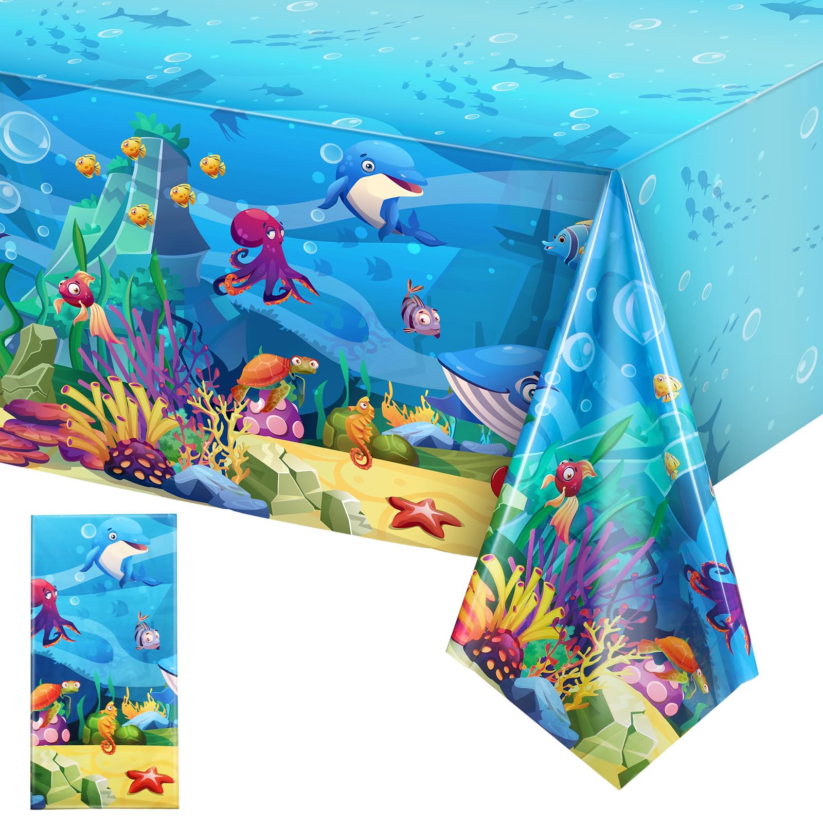 Tiamon 1 Pack Sea Party Tablecloth Ocean Animals Table Cover Underwater Creatures Tablecloth Ocean Sea Life Table Cover for Birthday Party Decoration,