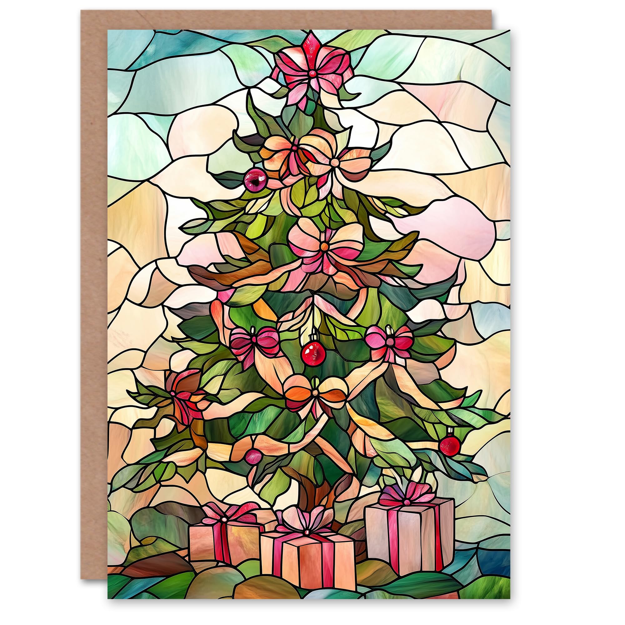 Artery8 Stained Glass Decorated Tree with Presents For Her Woman Xmas Festive Christmas Card
