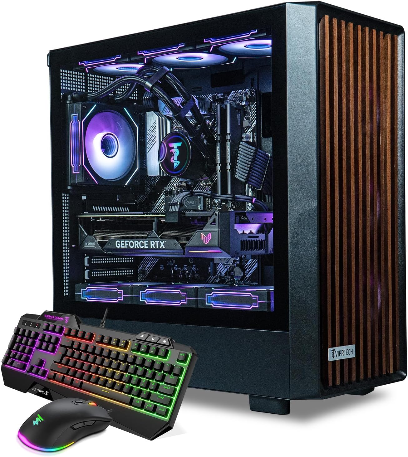 ViprTech Overlord Liquid-Cooled PC – AMD Ryzen 7 5700X (4.6Ghz Turbo), RTX 5060 Ti 8GB, 32GB DDR4 3200, 1TB NVMe SSD, Gold PSU, Black Wood Case, RGB Keyboard Mouse, VR-Ready, WiFi BT, Gaming Computer