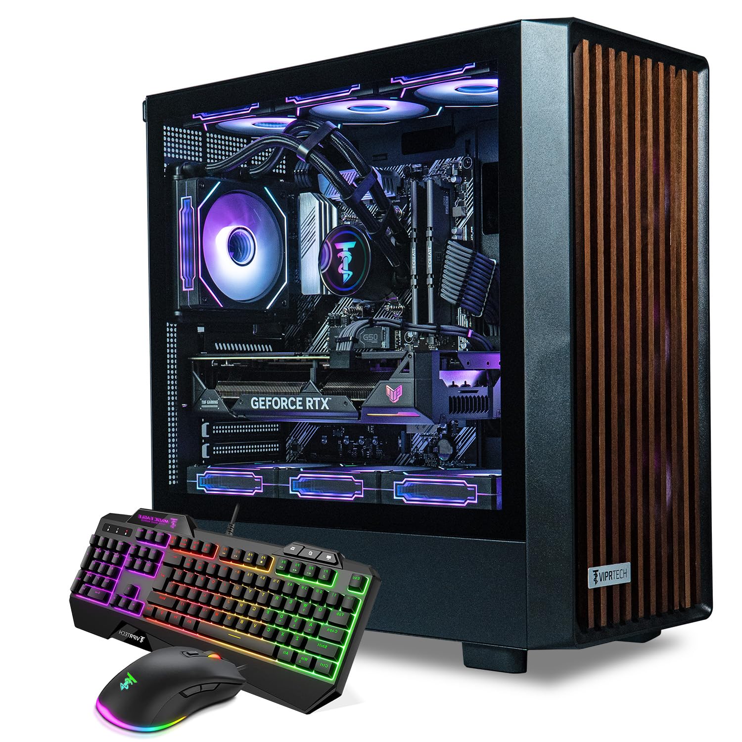 ViprTech Overlord Wood Gaming PC - AMD Ryzen 7 (4.4Ghz Turbo), RTX 5050 8GB, 16GB DDR4 RAM, 1TB SSD, 700W PSU, Black Wood Case, RGB Keyboard Mouse, VR-Ready, WiFi BT, Computer Tower Prebuilt