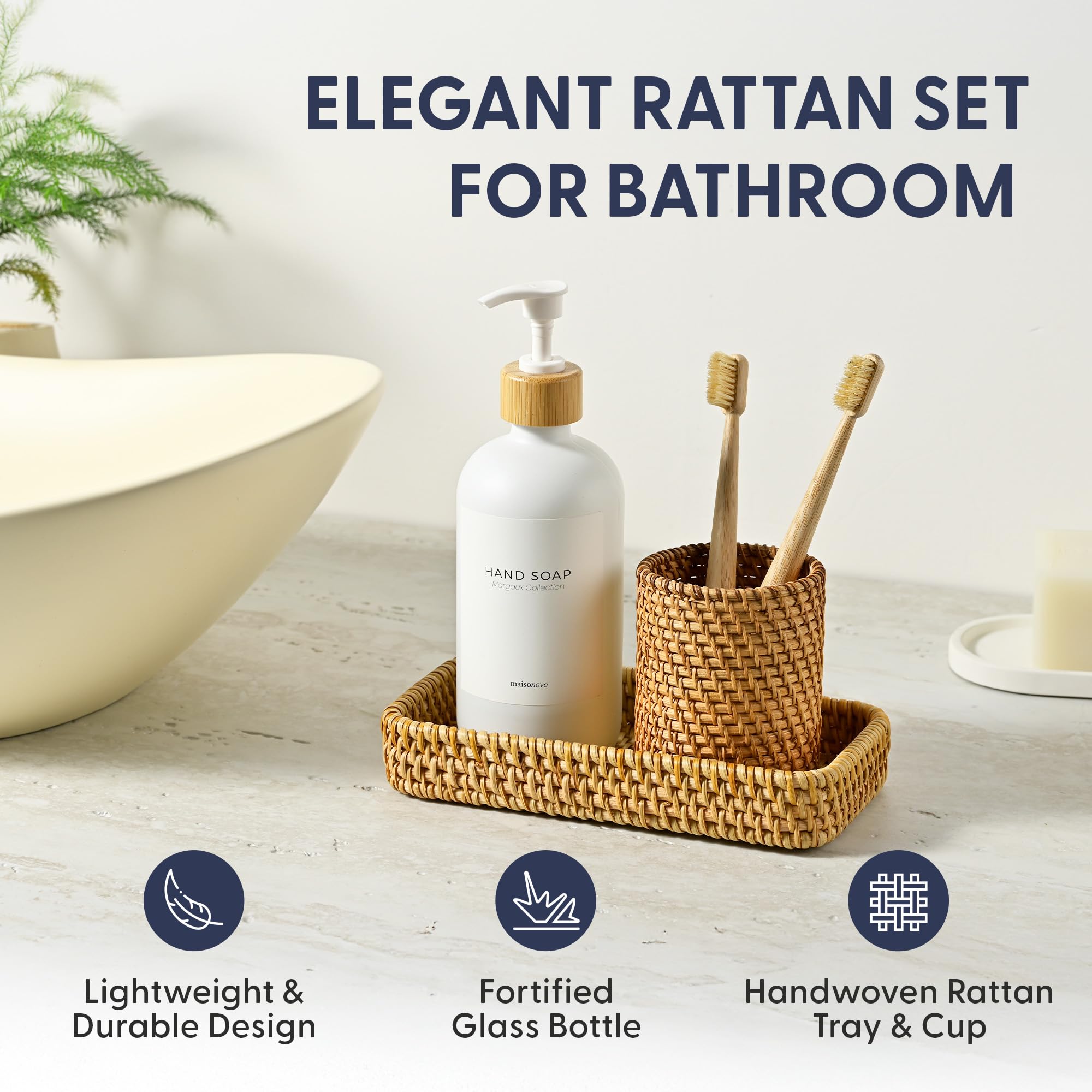 MaisoNovo Set da bagno in rattan, dispenser bianco da appoggio, portaspazzolino e tazza di dentifricio con vassoio, set di 3 vassoi rettangolari in rattan per riporre oggetti