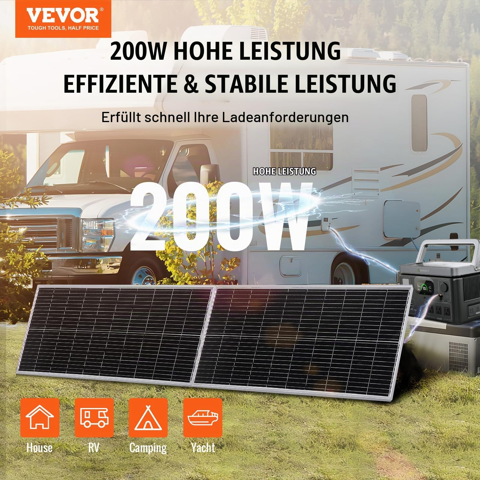 VEVOR 200W Solarpanel 2er-Set 12V monokristallinen Solarmodul plus Laderegler 16,66A Solaranlage Umwandlungsrate von 23% Kompatibel mit AGM-, GEL-, FLD-, LI-Batterien Ideal für Wohnmobile Yachten Zuh