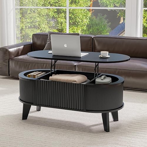 LYNCOHOME - Mesa de centro con tapa abatible y almacenamiento, mesa de café ovalada moderna para sala de estar u oficina en casa (Negro)