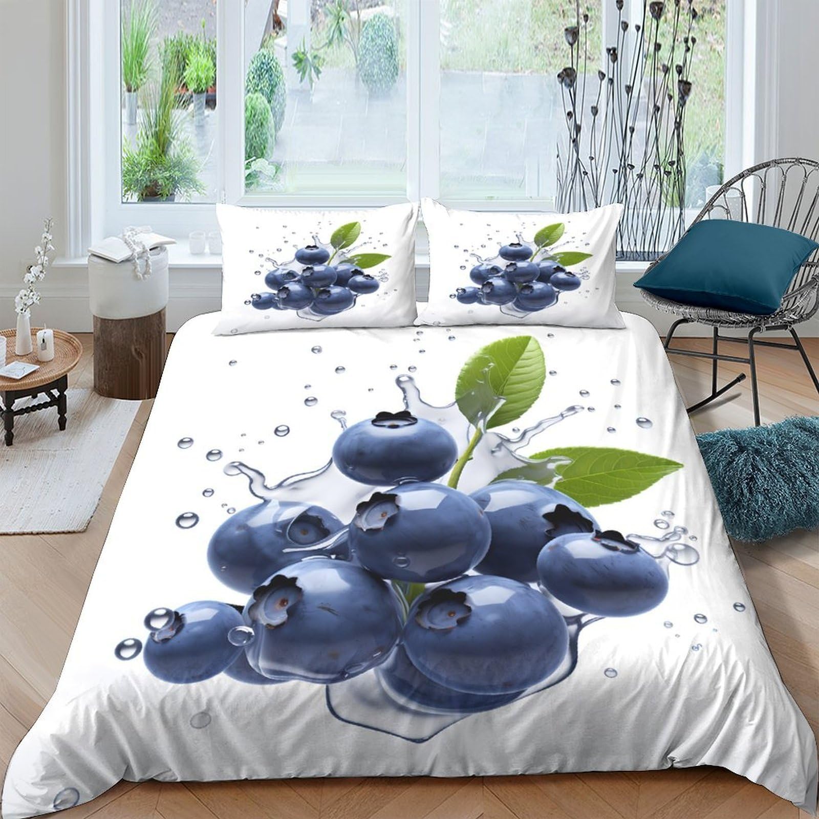 GPLZQXKJNH 3D Printed Blueberry Splash Duvet Cover Microfiber Soft Breathable Fruit Pattern Bedding Set with 2 Pillowcases for Bedroom Home Decor Single（135x200cm）