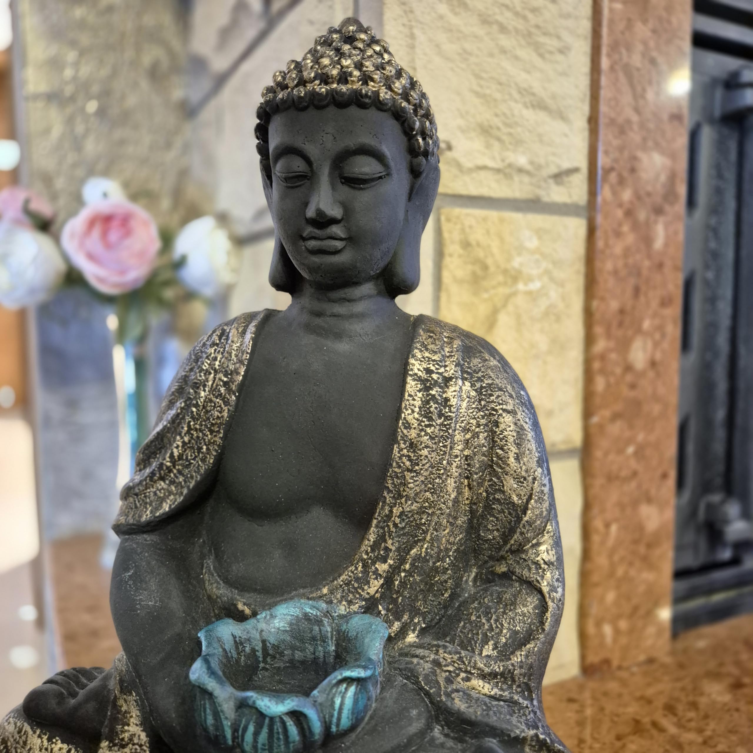 FABRIQ Grande figurine Bouddha 40 cm - 12 kg - Fonte de pierre - Doré - Résistant au gel jusqu'à -30 °C - Méditation et décoration de jardin