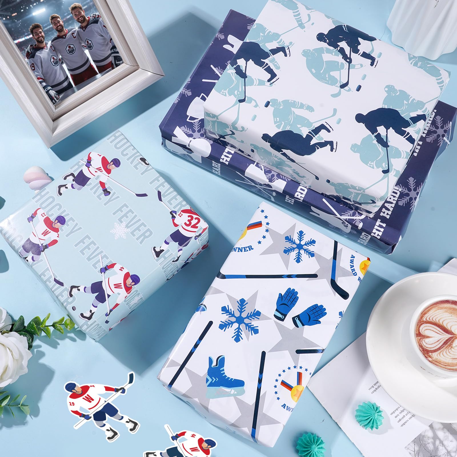 Eishockey-Geschenkpapier, 12 Bögen, Hockey-Geschenkpapier, Sport-Geschenkpapier, Eishockey-Themen-Geschenkverpackung für Party, Geburtstag, Teamfeier, 50,8 x 71,1 cm
