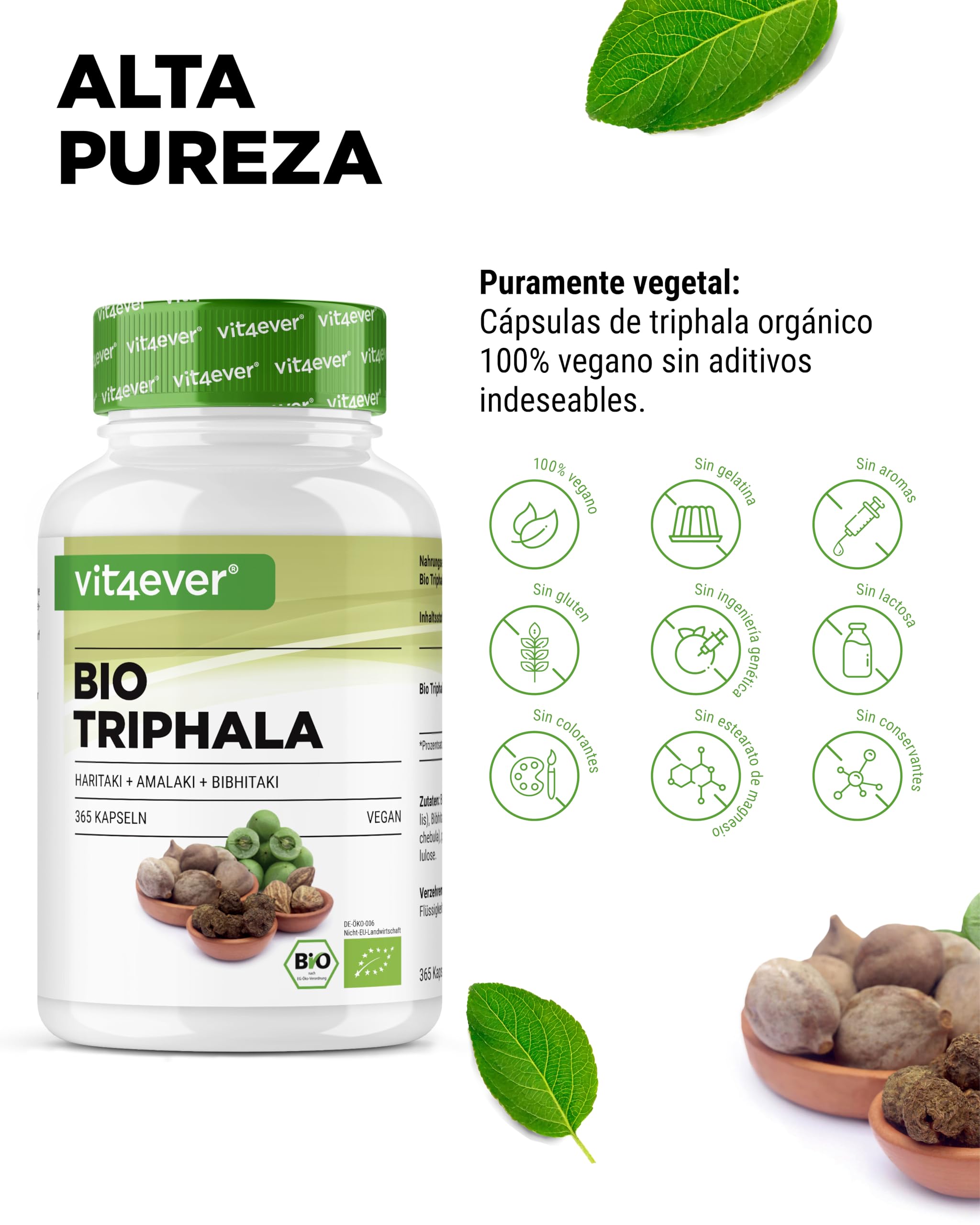 Organic Triphala - Altamente dosificado con 2000 mg (500 mg por cápsula) - 365 cápsulas - Triphala en polvo de la India: Haritaki, Amalaki, Bibhitaki - Sin aditivos - Vegan