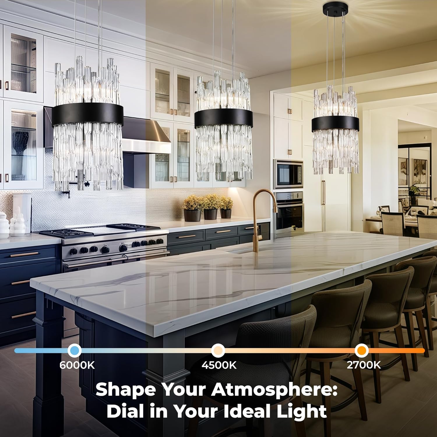 Modern Black Pendant Light, Elegant Water Ripple Glass Shade, Height Adjustable Kitchen Island Chandelier for Dining Table, Bedroom