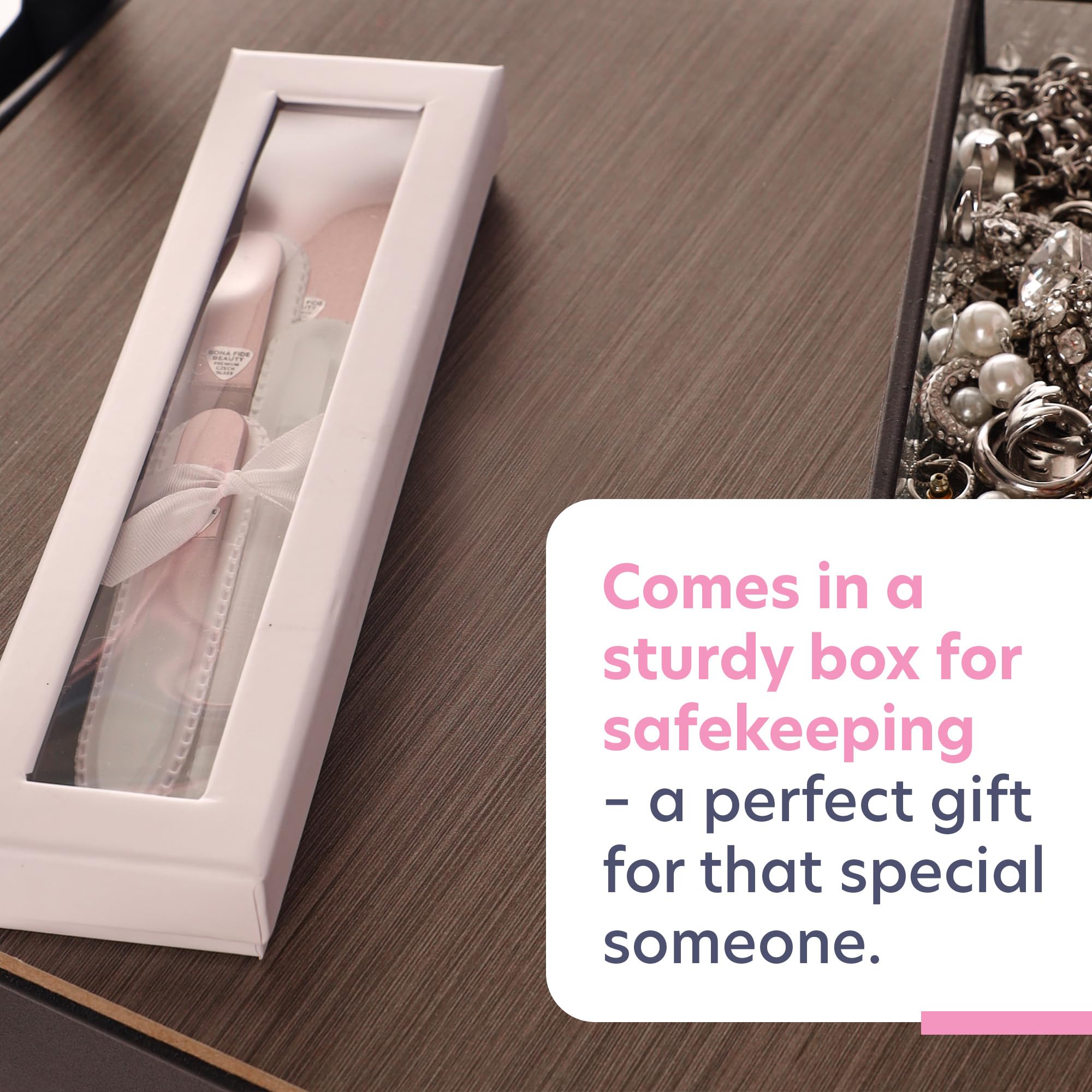 Juego de regalo de manicura de cristal checo de alta calidad, listo para regalar, juego de manicura y pedicura con caja de regalo en oro rosa, vidrio checo Bona Fide Beauty